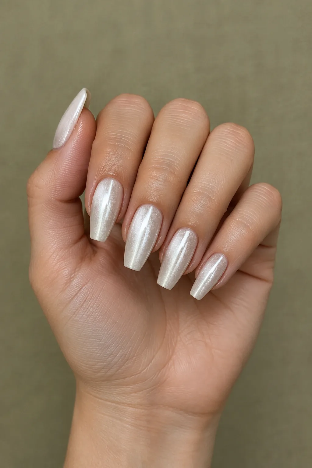 Medium ballerina hoco nails in pearl white cat-eye for a white dress