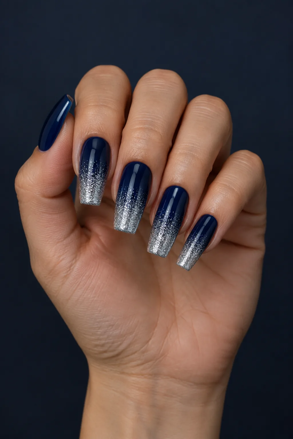 Long square hoco nails in navy with silver glitter ombre tips