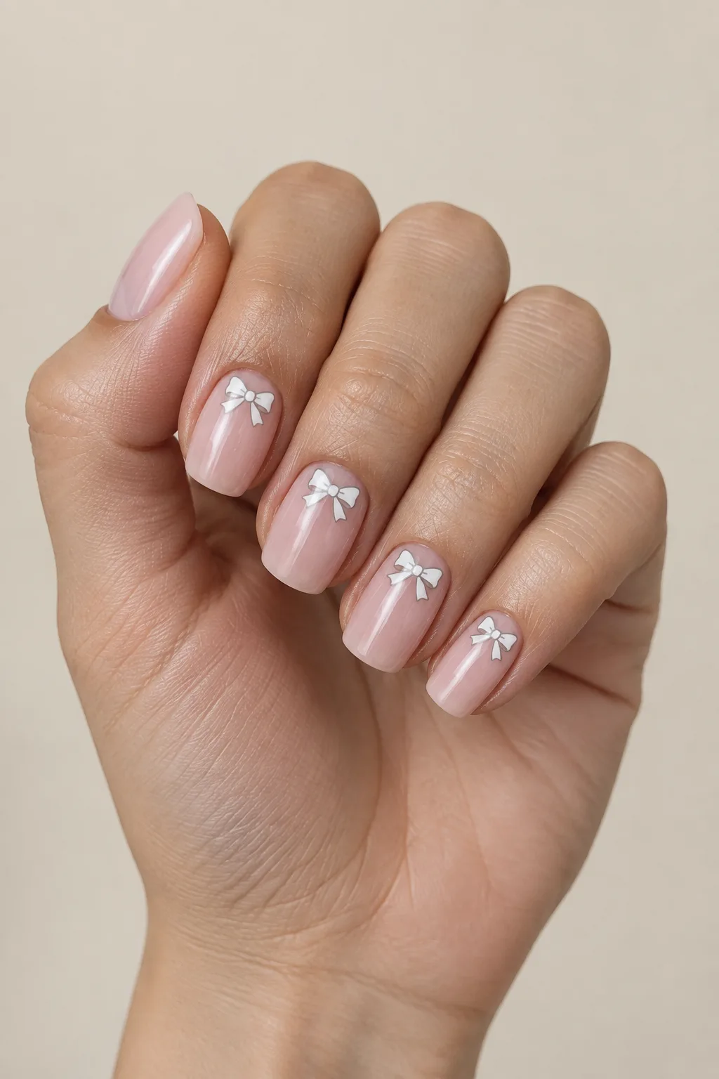 Medium squoval hoco nails in sheer pink with tiny white painted bows