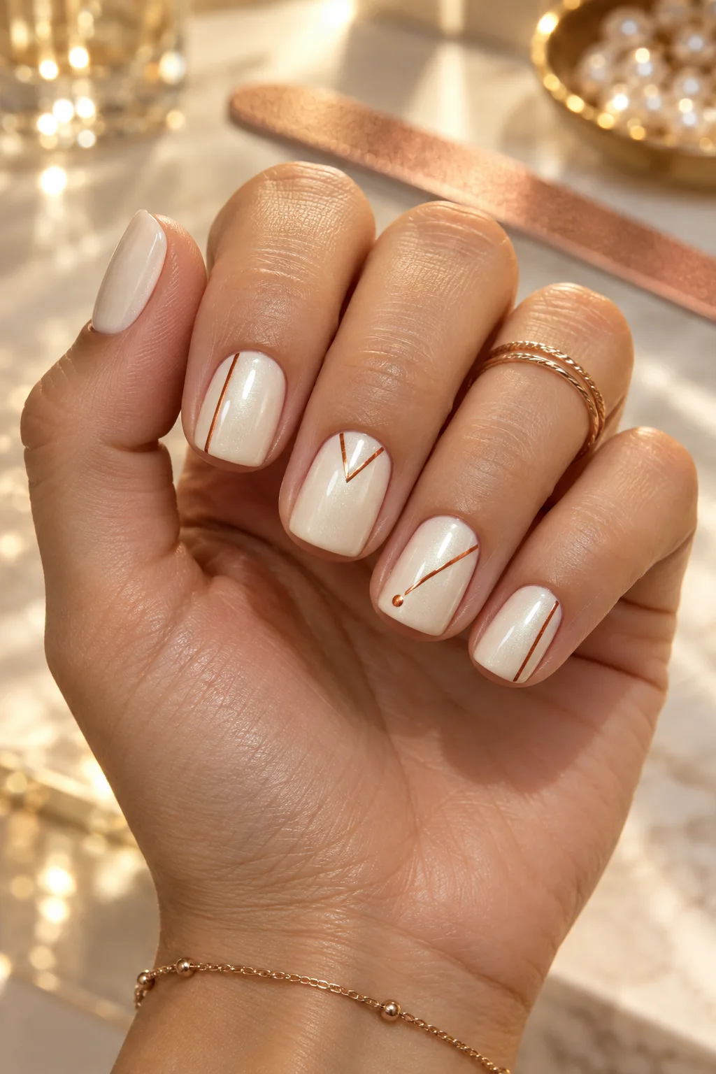 Short square ivory acrylic nails with pearl glaze and thin copper lines before a fill