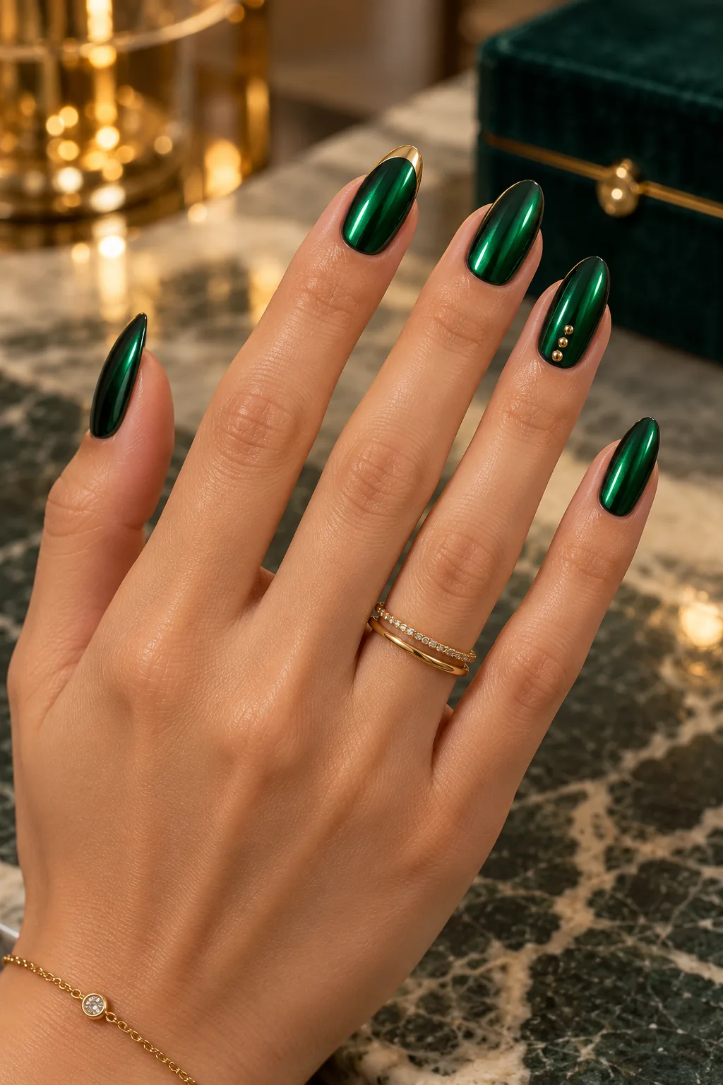 Medium almond emerald chrome acrylic nails with black swirl lines