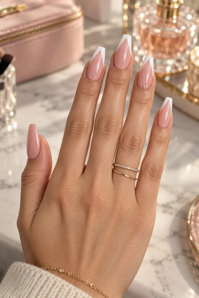 Long coffin acrylic nails in petal pink with white V french tips showing how long acrylic nails last