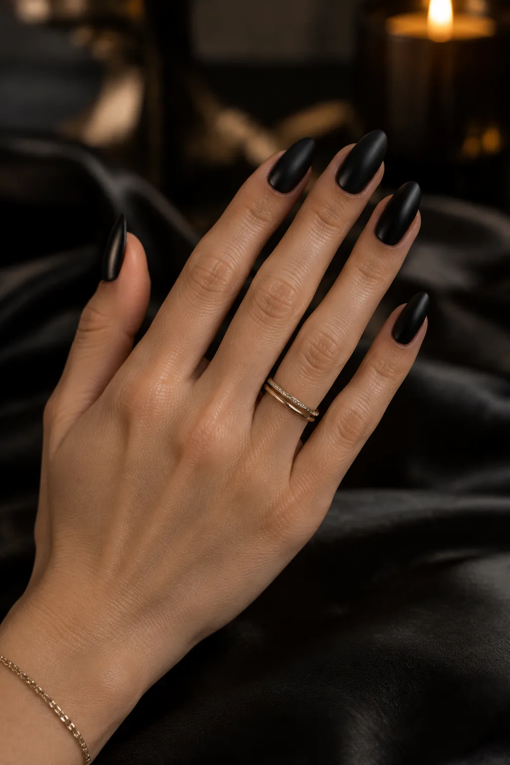 Plain matte black almond nails in a soft velvet finish
