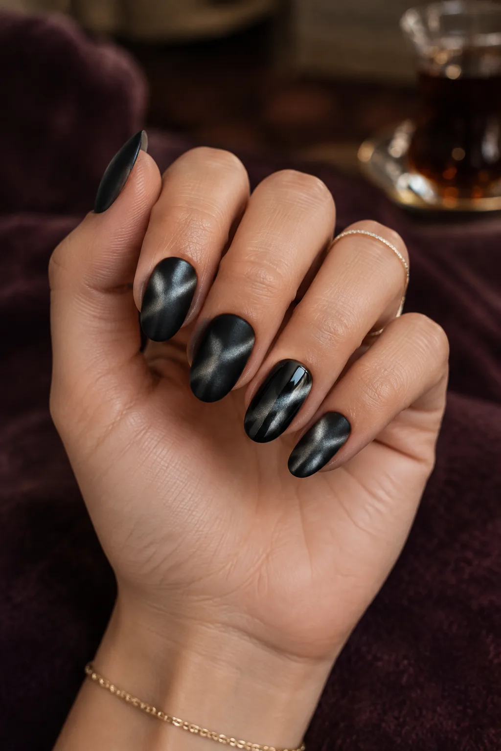 Matte black almond nails with a velvet cat-eye shimmer band