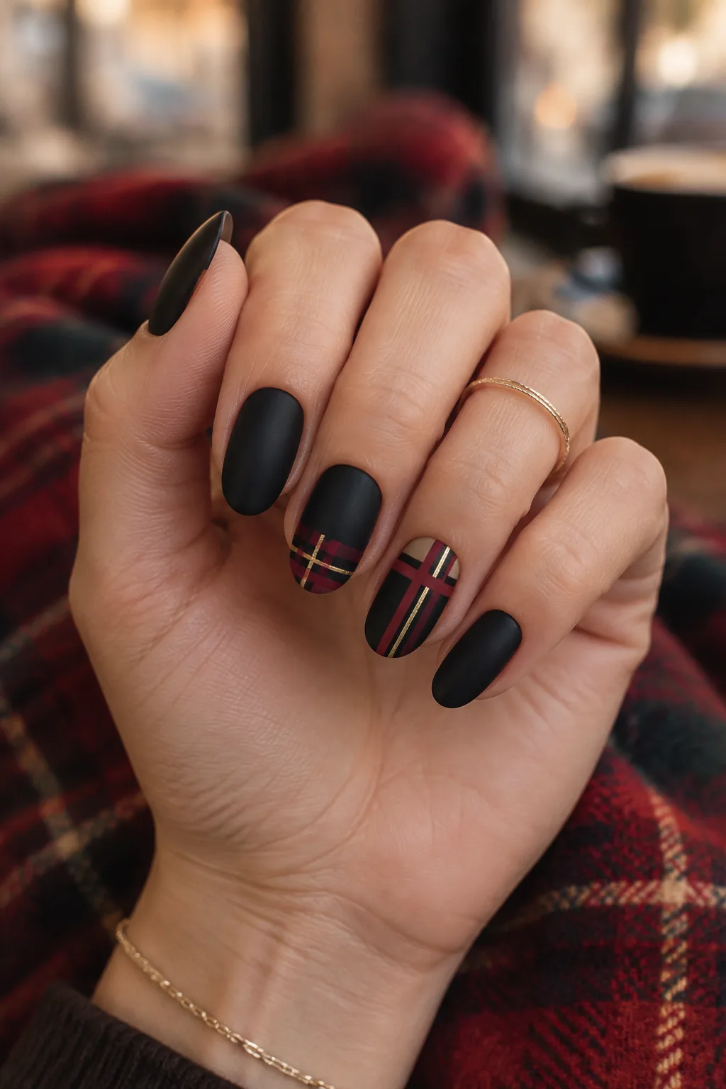 Matte black almond nails with oxblood and gold plaid