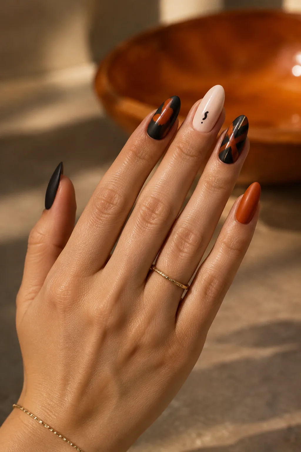 Matte black almond nails with rust abstract brush strokes