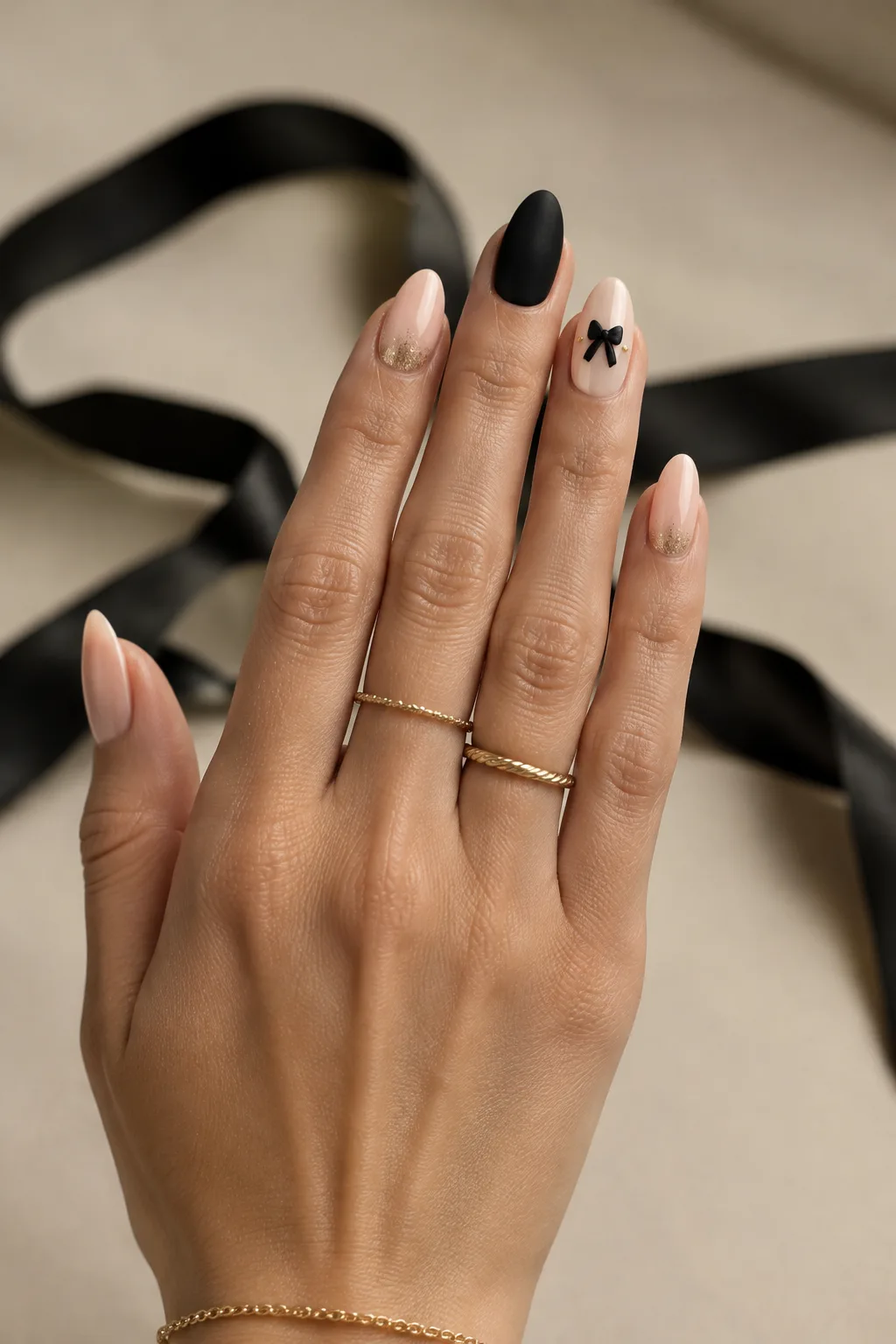 Matte black almond nails with a 3D black gel bow