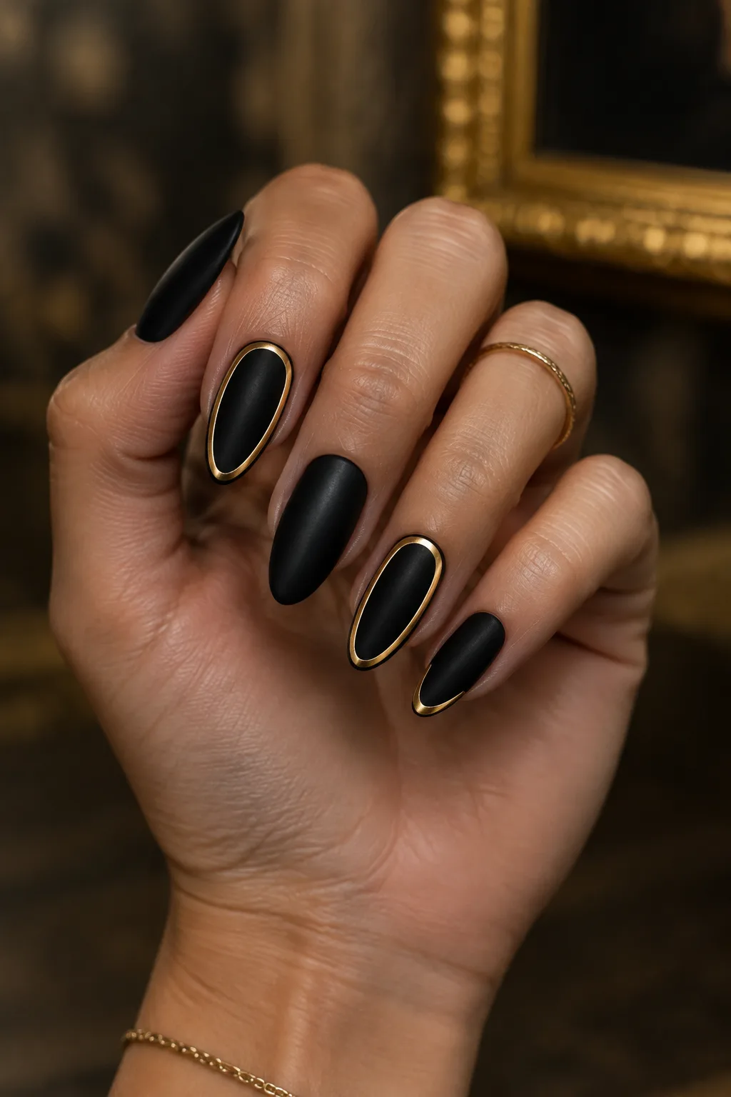 Matte black almond nails outlined with a thin gold line