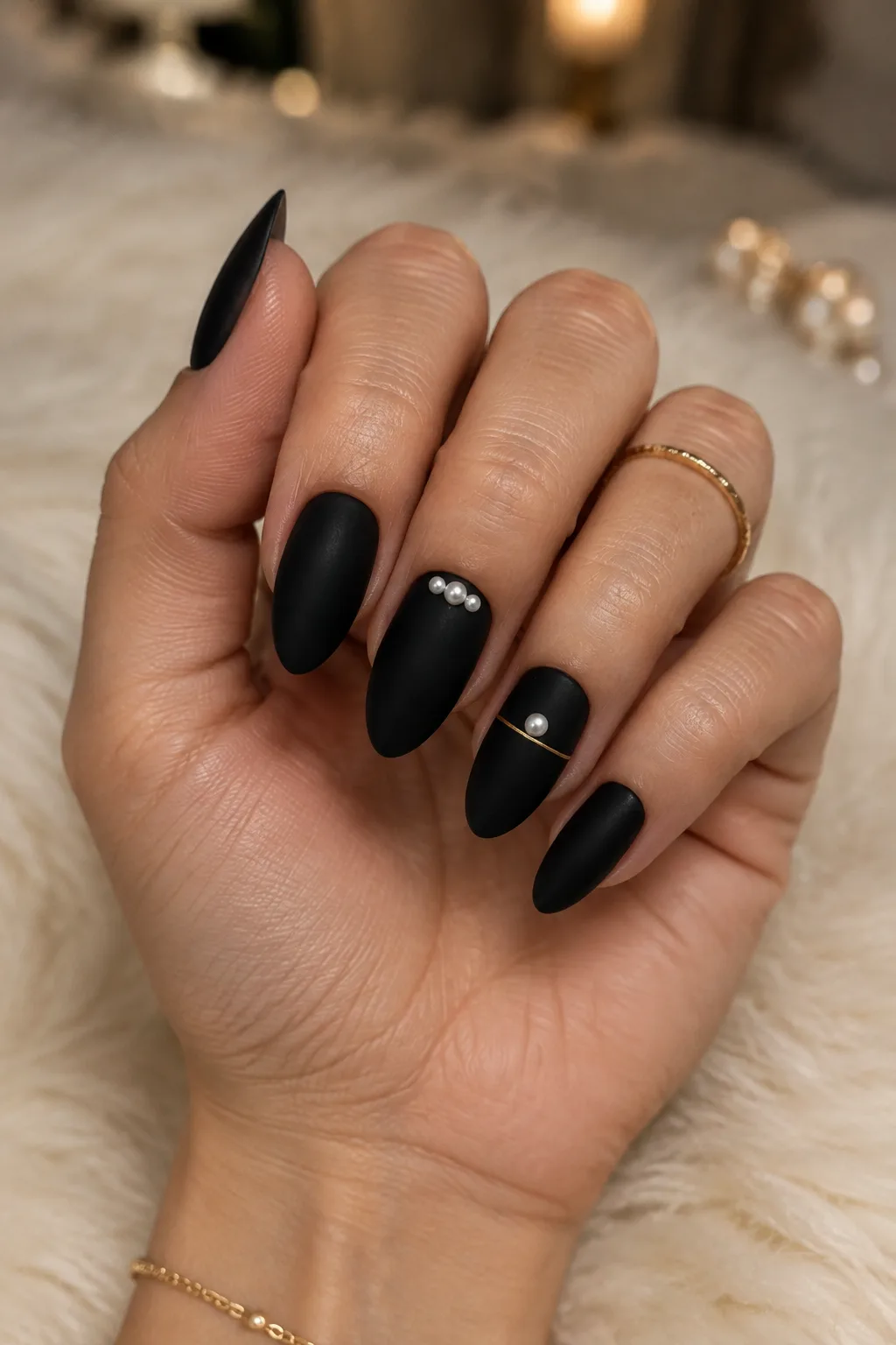 Matte black almond nails with tiny pearl accents