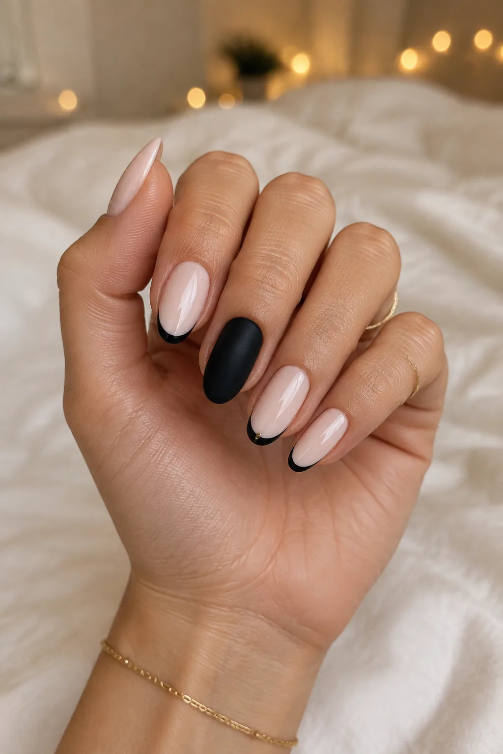 Matte black almond nails with a micro French over milky nude