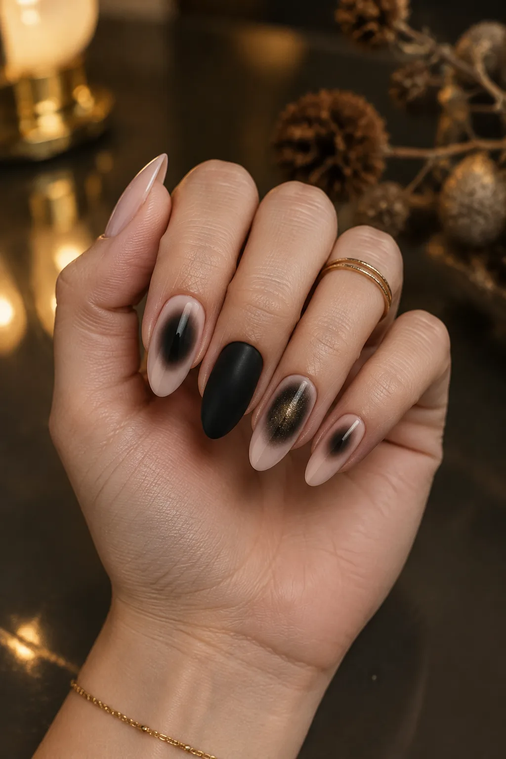 Matte black almond nails with a blurred black aura on nude