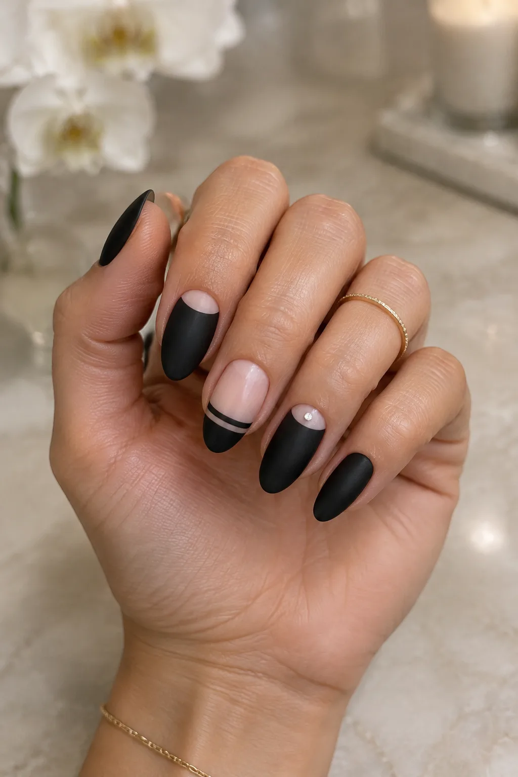 Matte black almond nails with negative space half moons