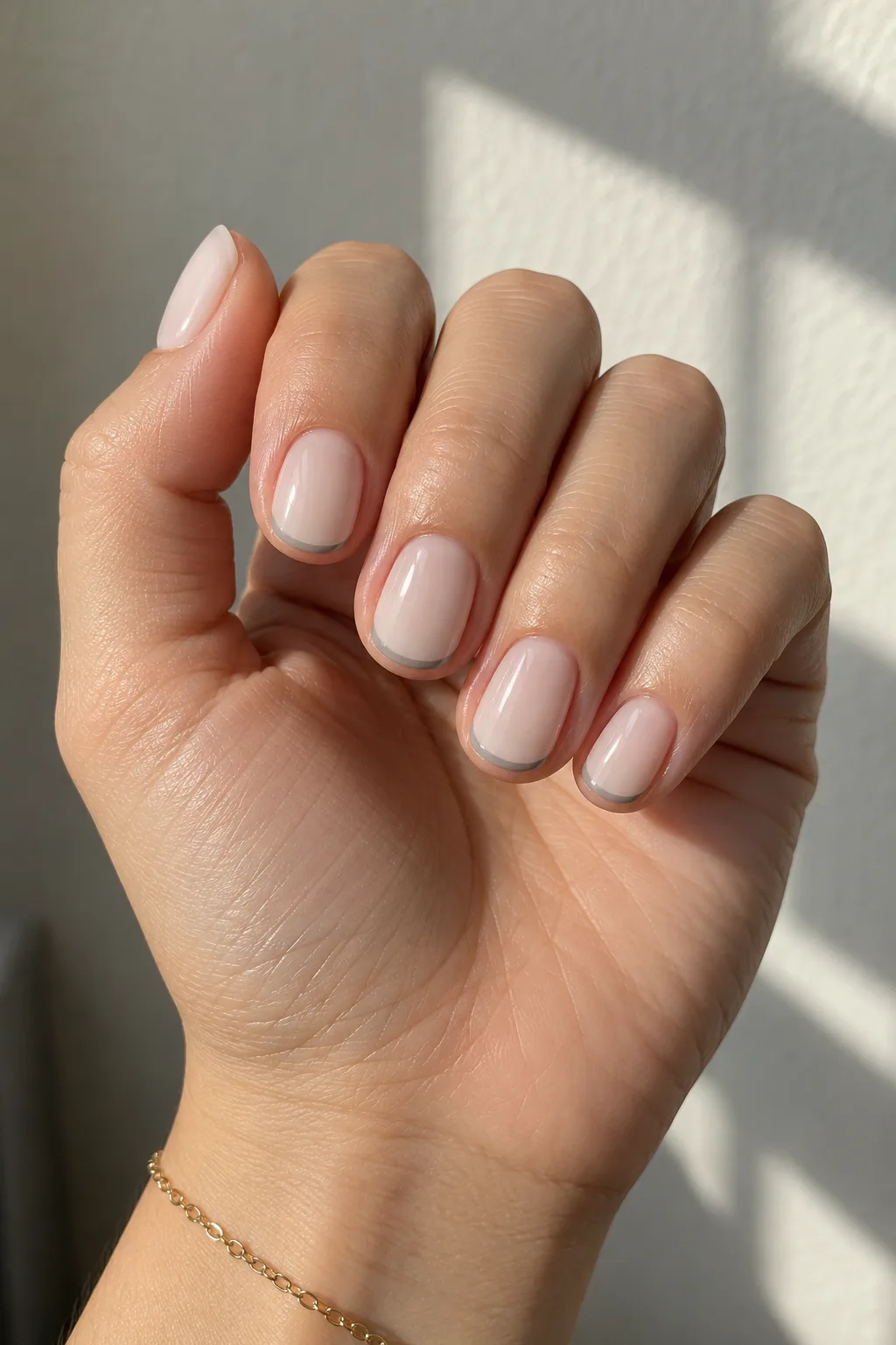 Minimalist winter nail designs: fog grey micro French tips on short round nails