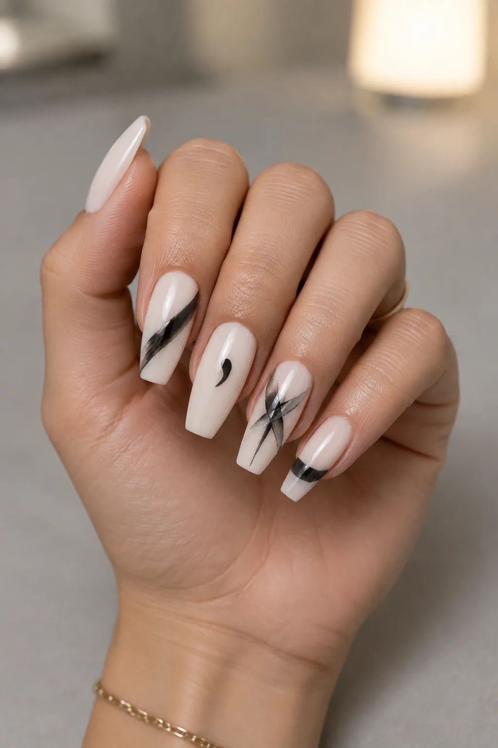 Charcoal brush strokes on bone, minimalist winter nail designs on long coffin nails
