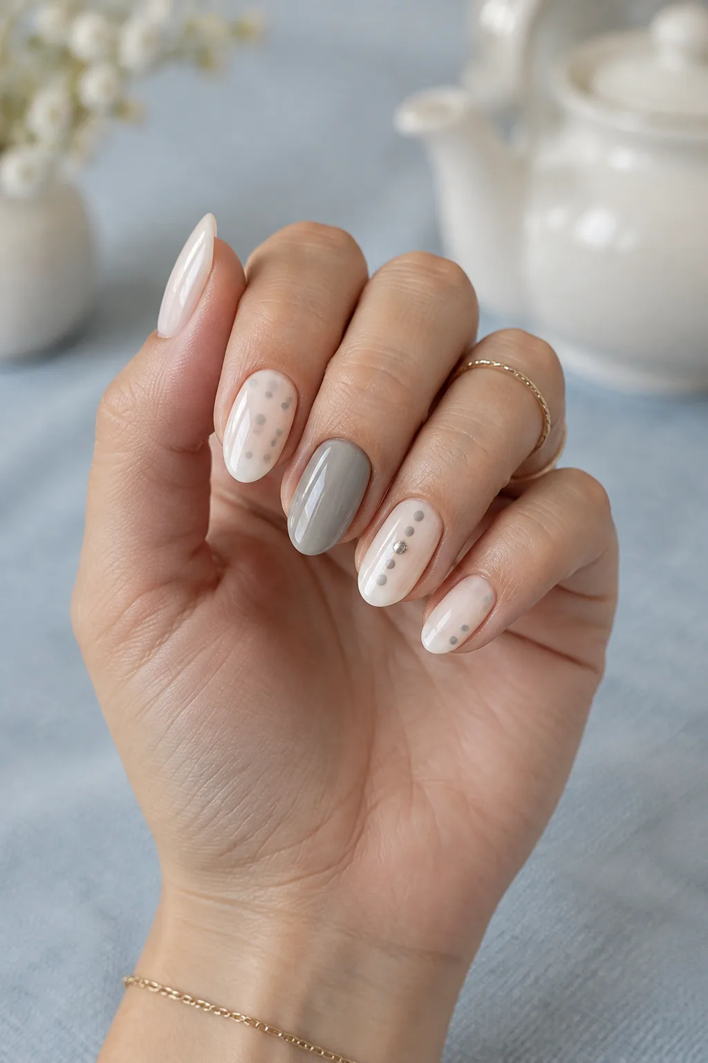 Tiny fog grey dots on milk, minimalist winter nail designs on short almond nails