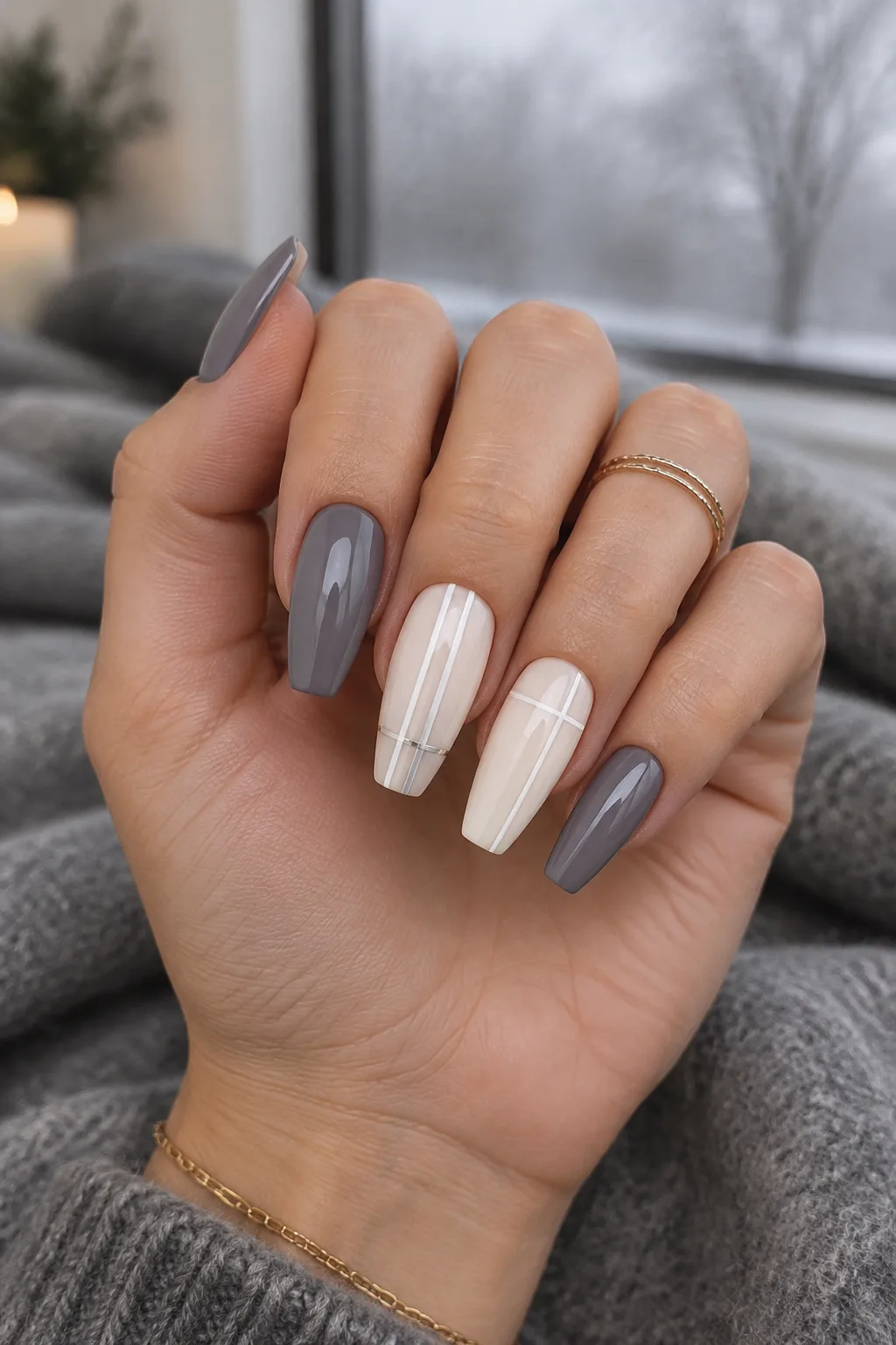 Hairline grey plaid cross on bone, minimalist winter nail designs on ballerina nails