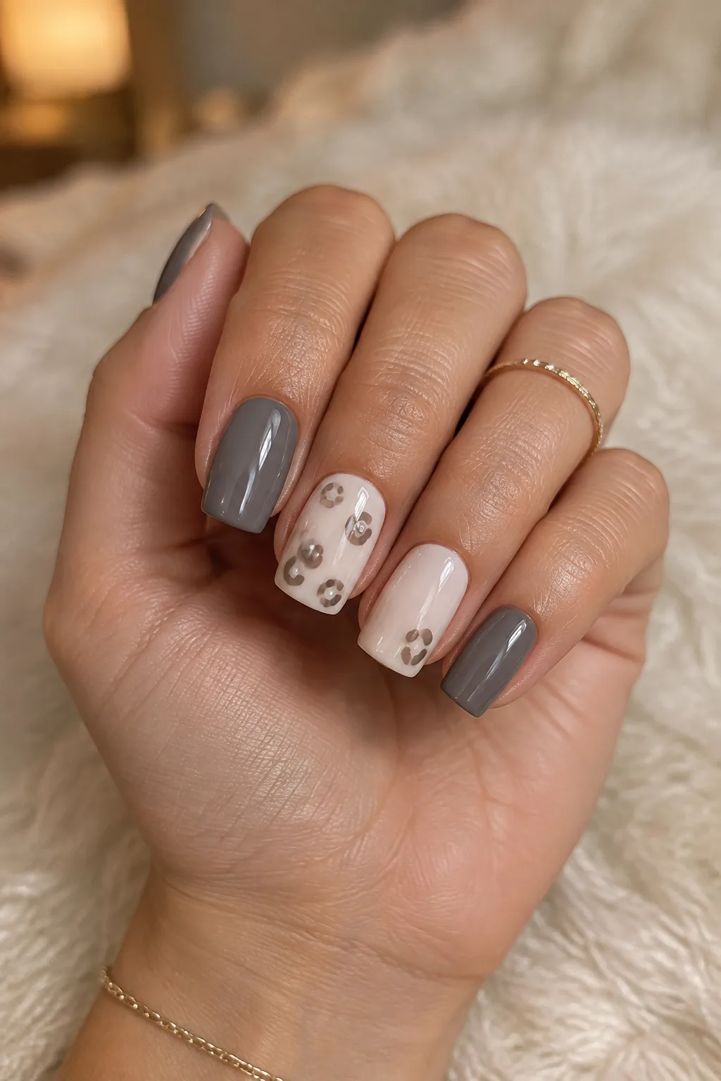 Three taupe spots on bone with slate grey, minimalist winter nail designs on square nails
