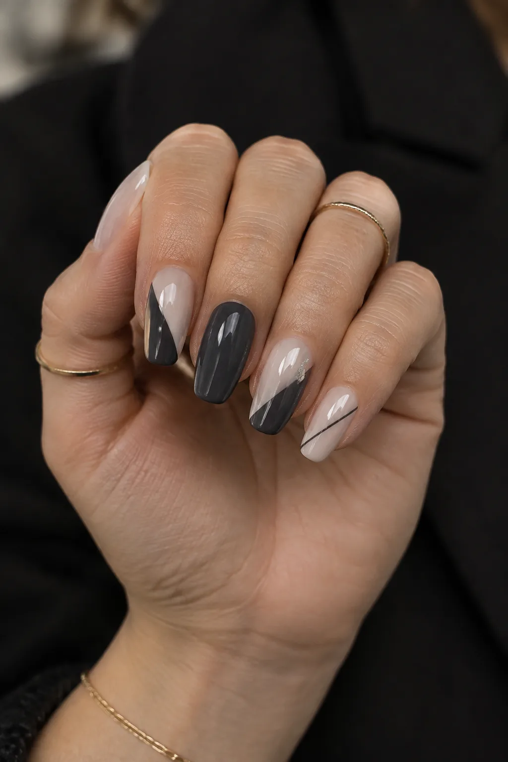 Diagonal charcoal color block on bone, minimalist winter nail designs on lipstick nails