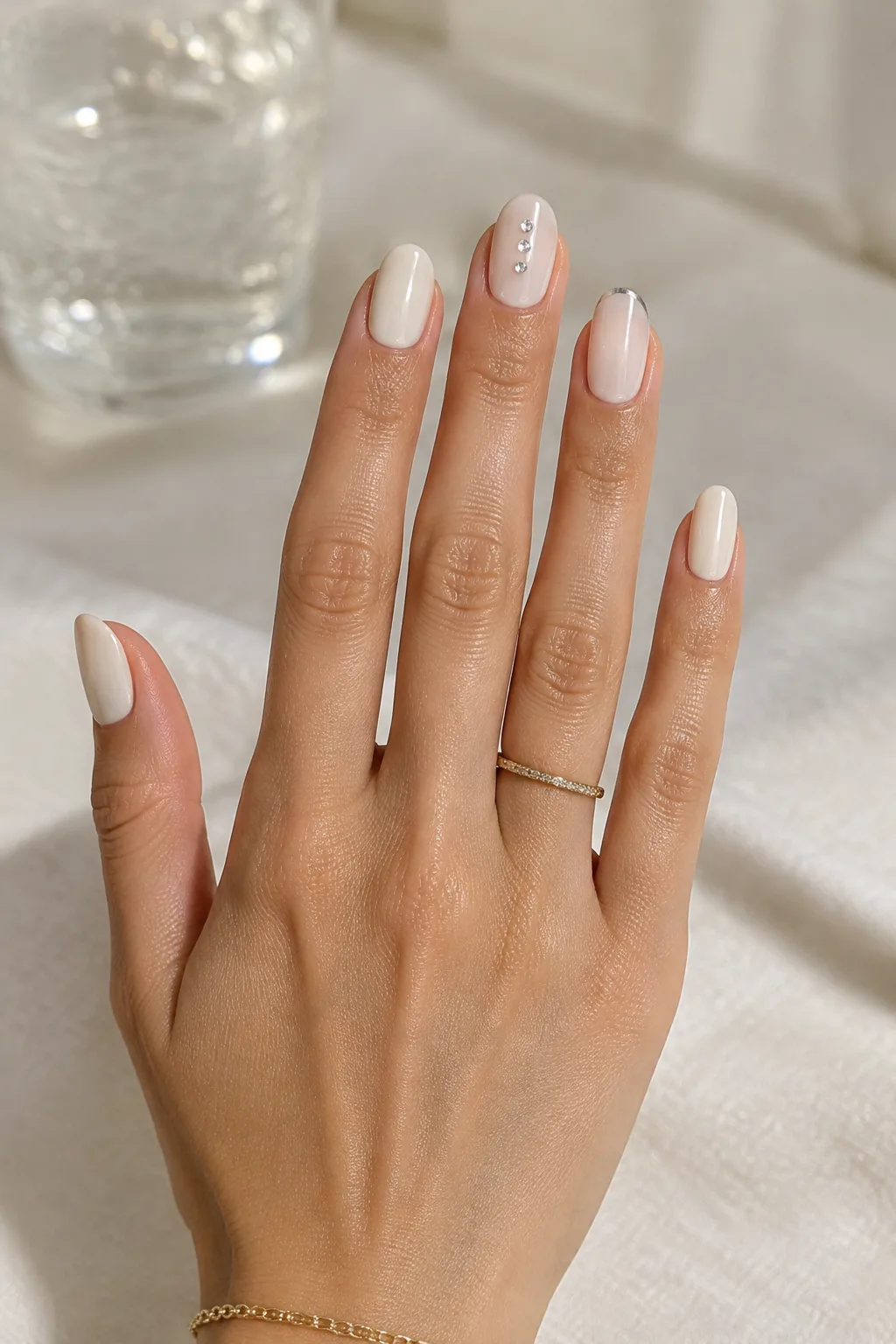 Tiny clear crystals on milk nails, minimalist winter nail designs on short oval nails