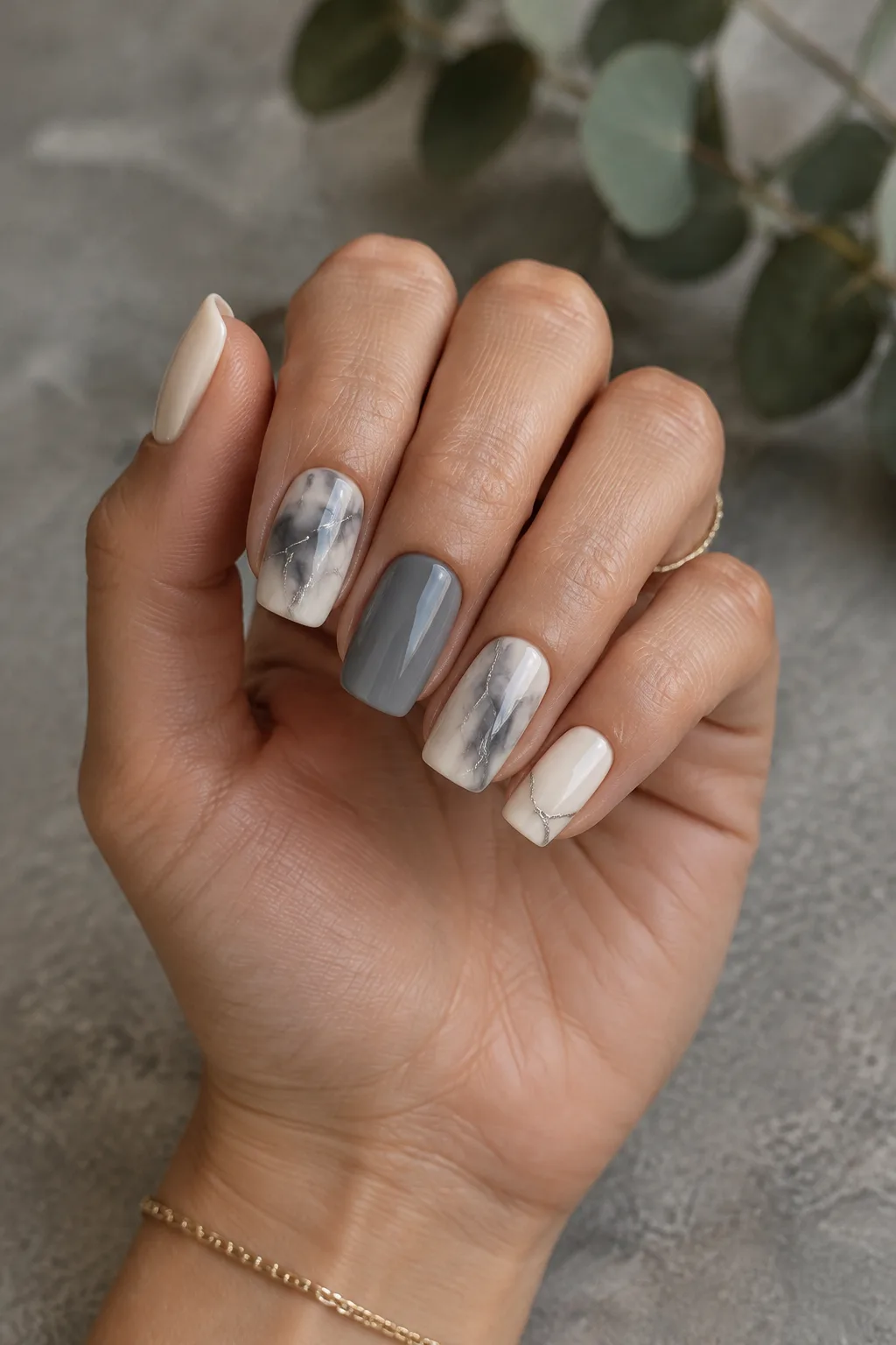 Charcoal smoke marble with silver veins, minimalist winter nail designs on squoval nails