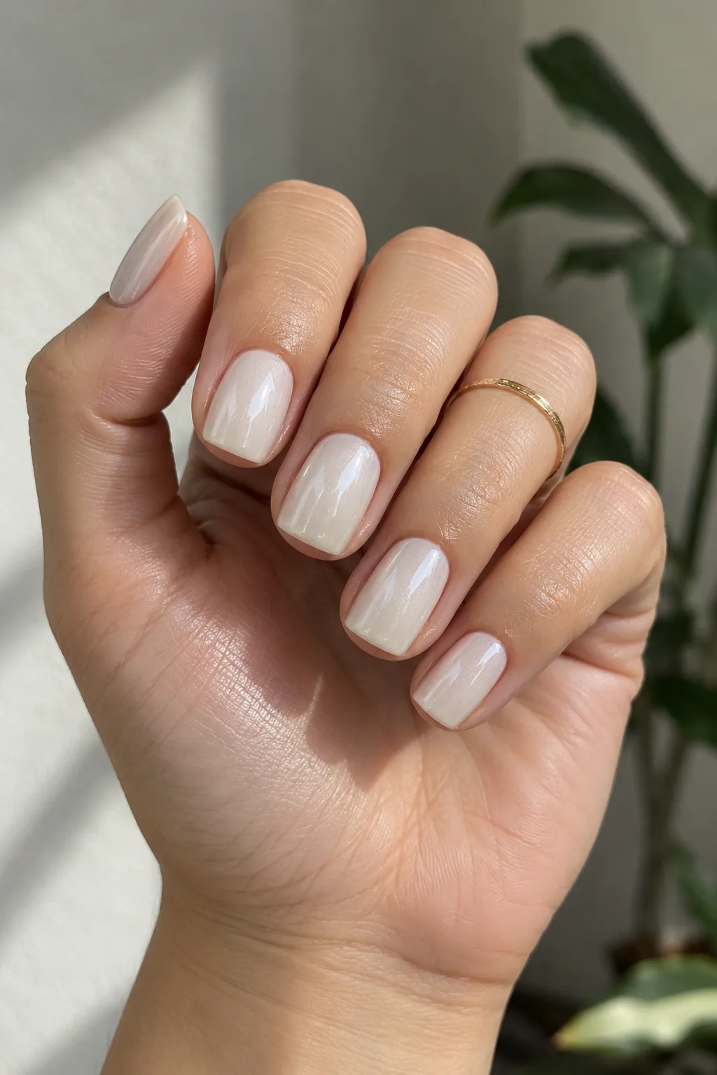 Minimalist winter nail designs: bone milk nails with glossy pearl glaze