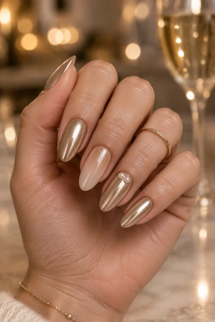 Champagne chrome almond nails to wear with a gold party dress