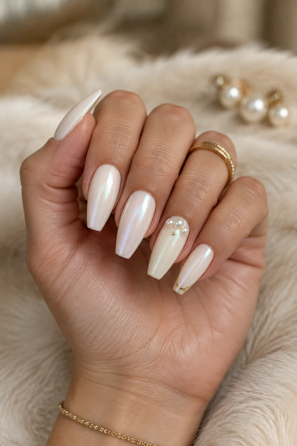 Ivory nails with pearls to wear with a gold party dress