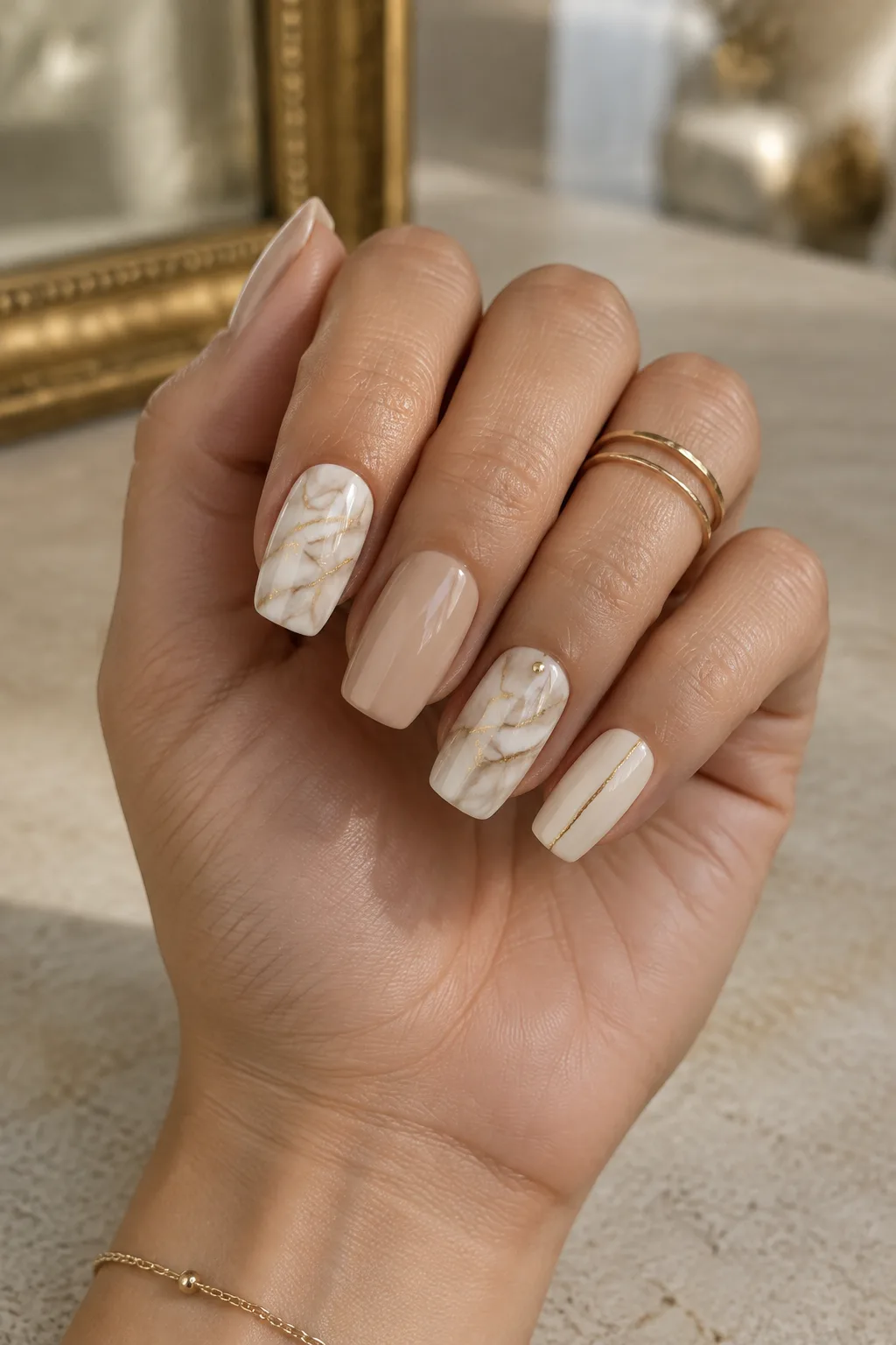 Ivory marble nails with gold veins to wear with a gold party dress