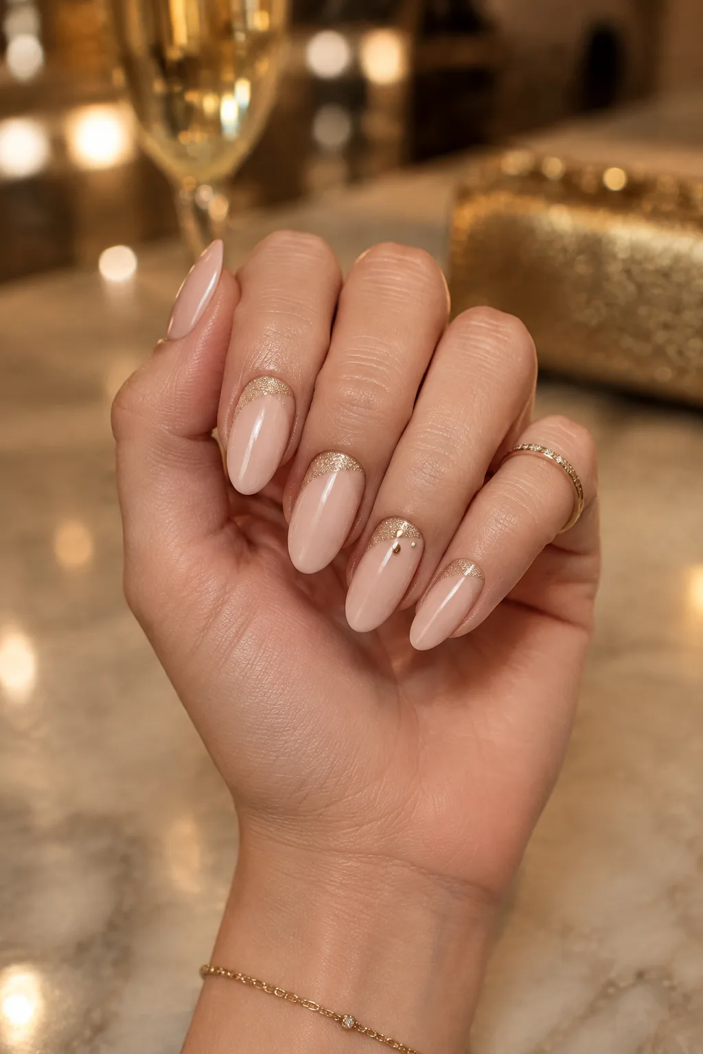 Champagne glitter half-moon nails to wear with a gold party dress