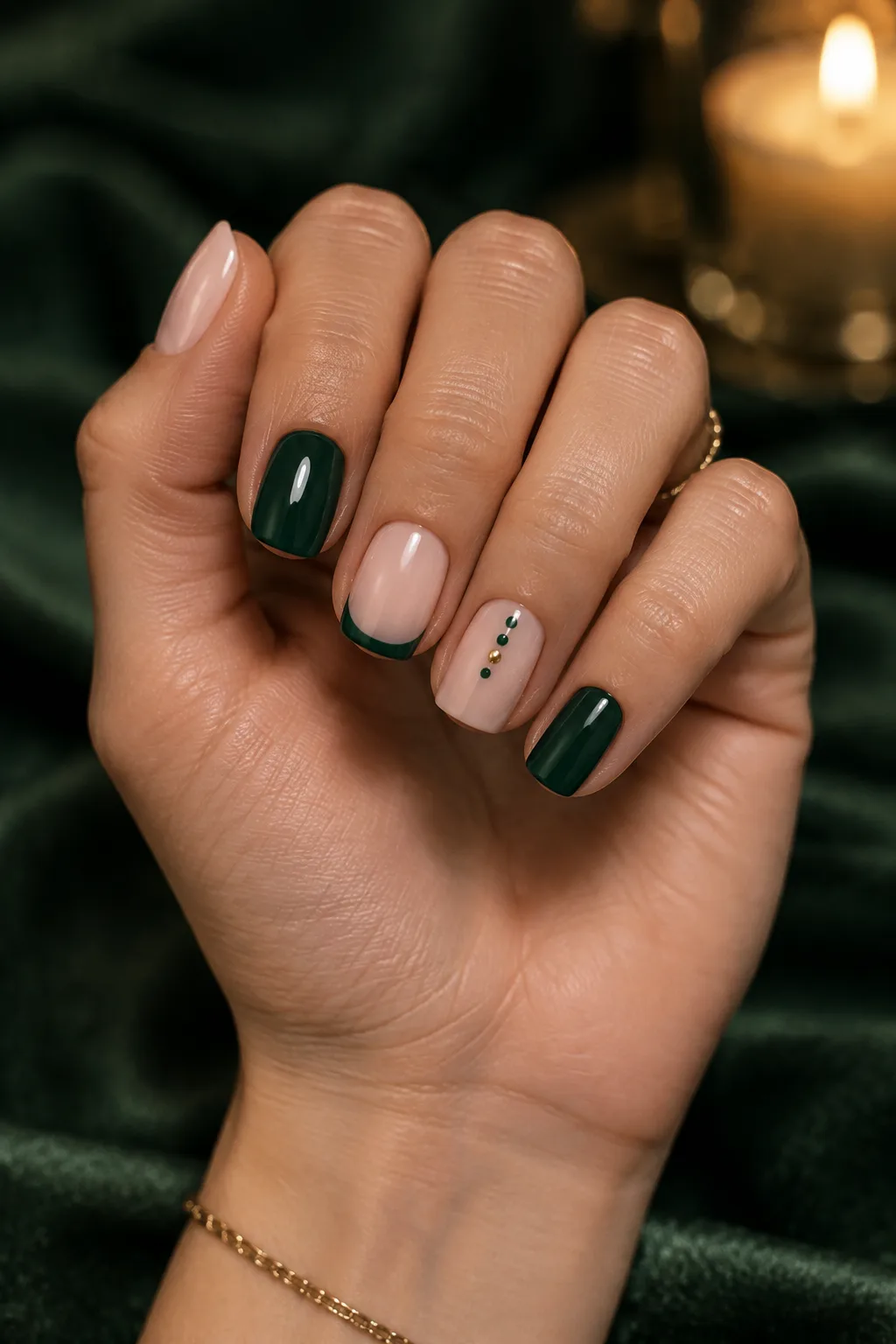 Emerald and nude mixed nails to wear with a gold party dress