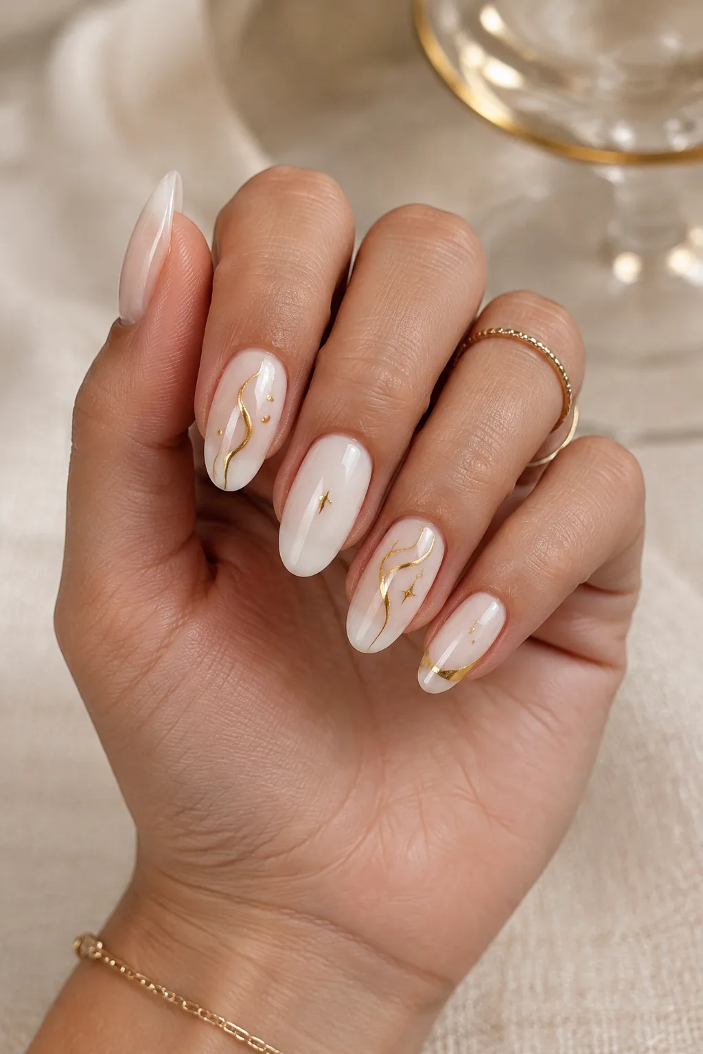Ivory nails with gold swirls to wear with a gold party dress