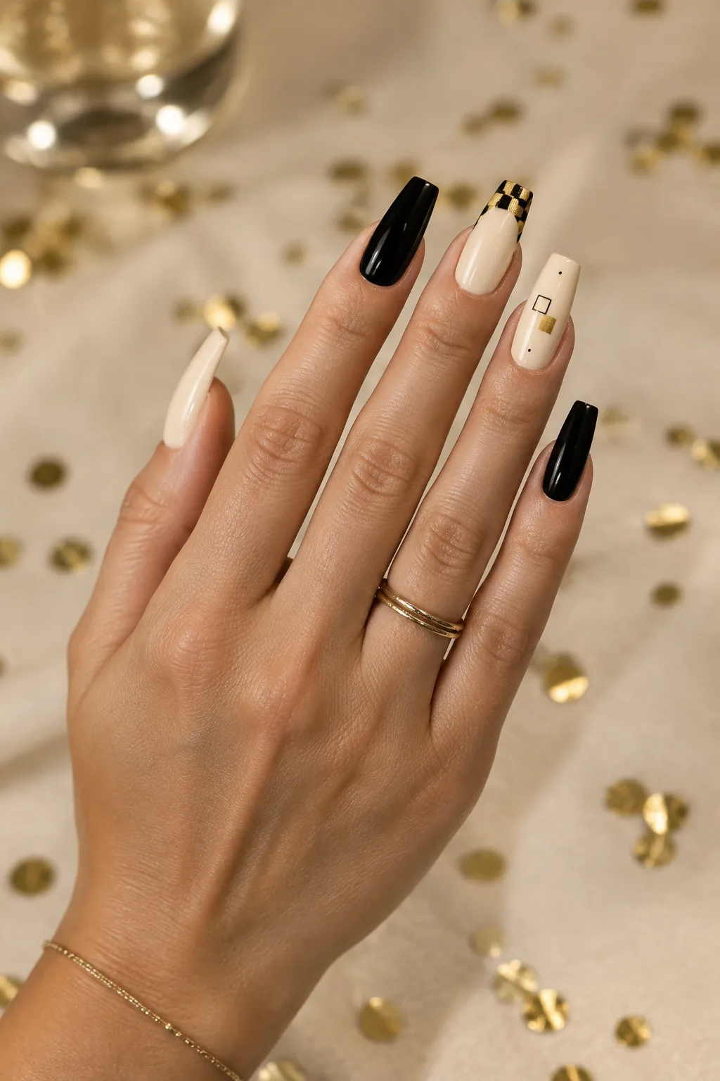 Black and gold check nails to wear with a gold party dress