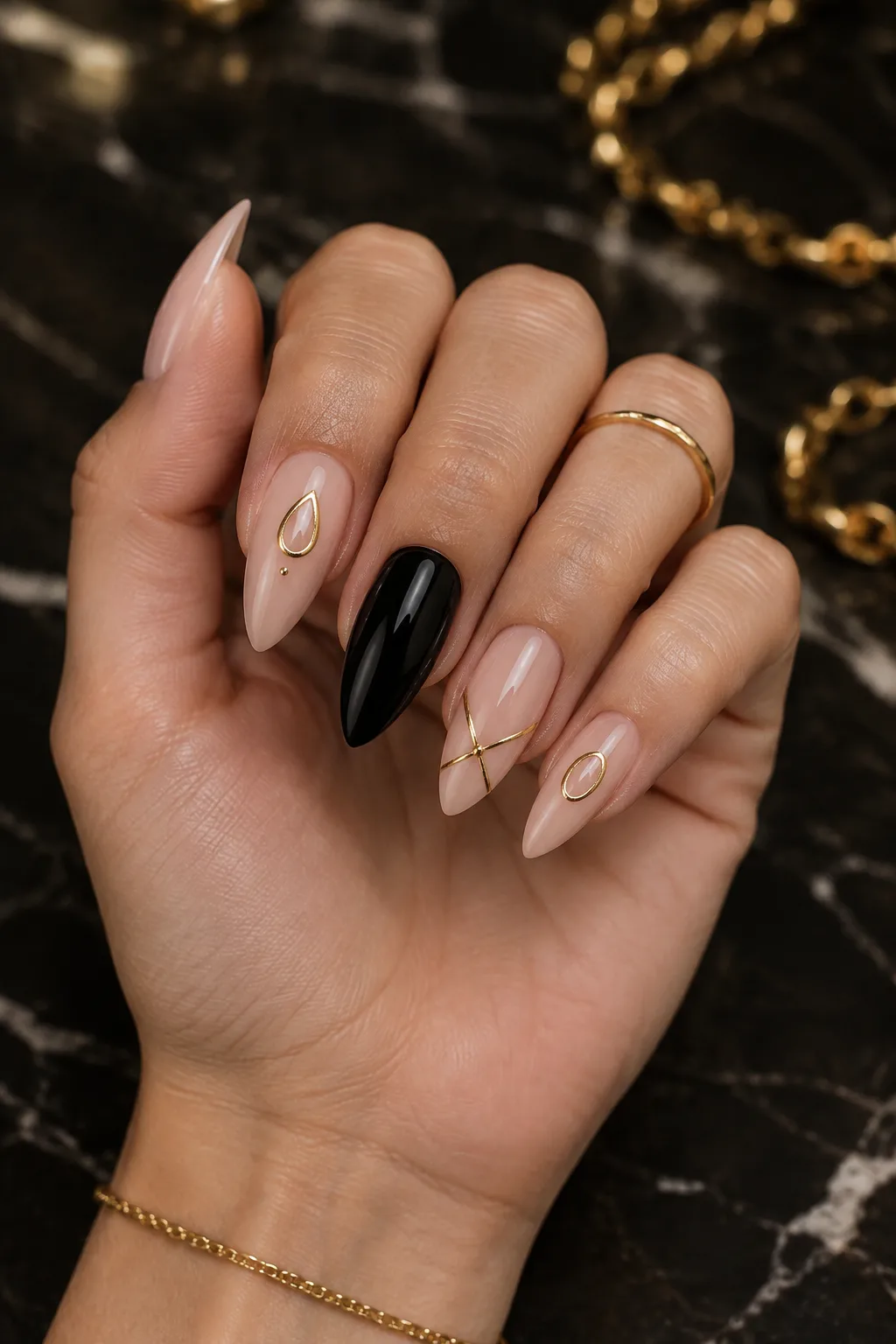 Gold wire 3D nails to wear with a gold party dress