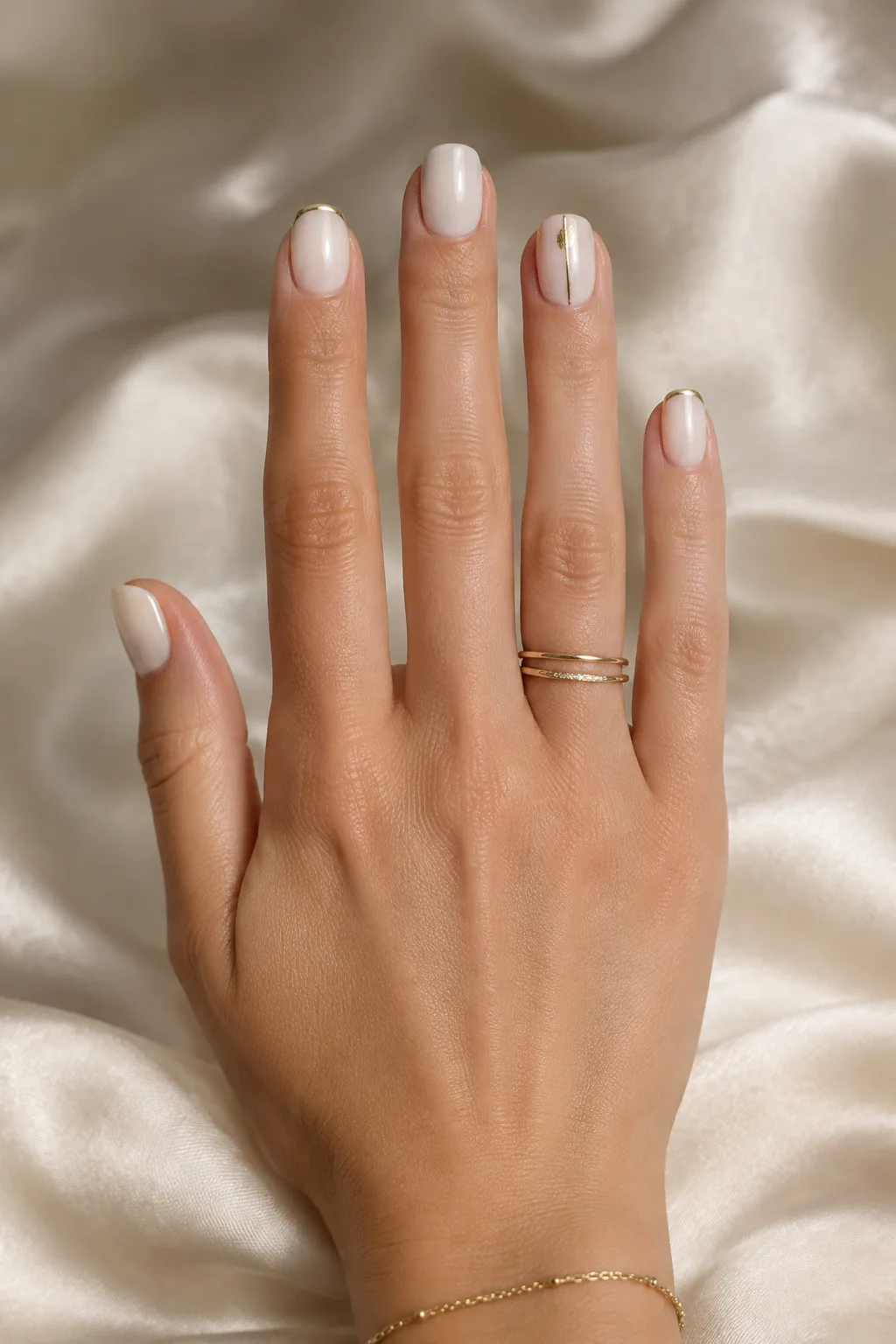 Milky nude micro French nails to wear with a gold party dress