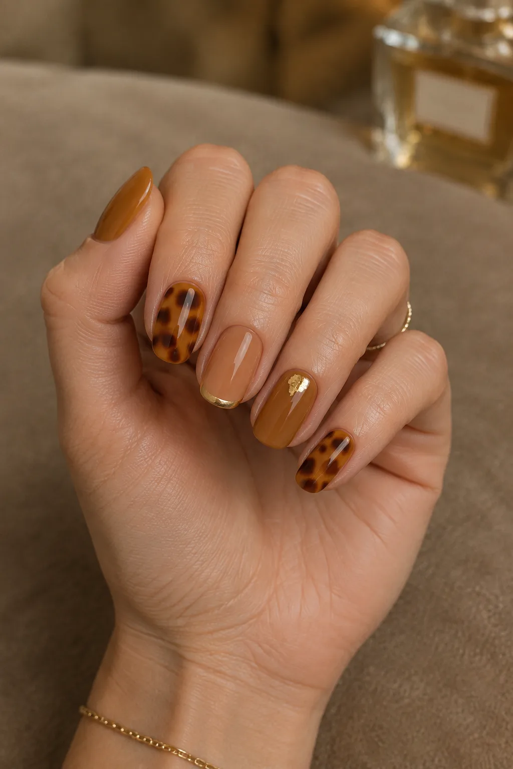Amber tortoiseshell nails to wear with a gold party dress
