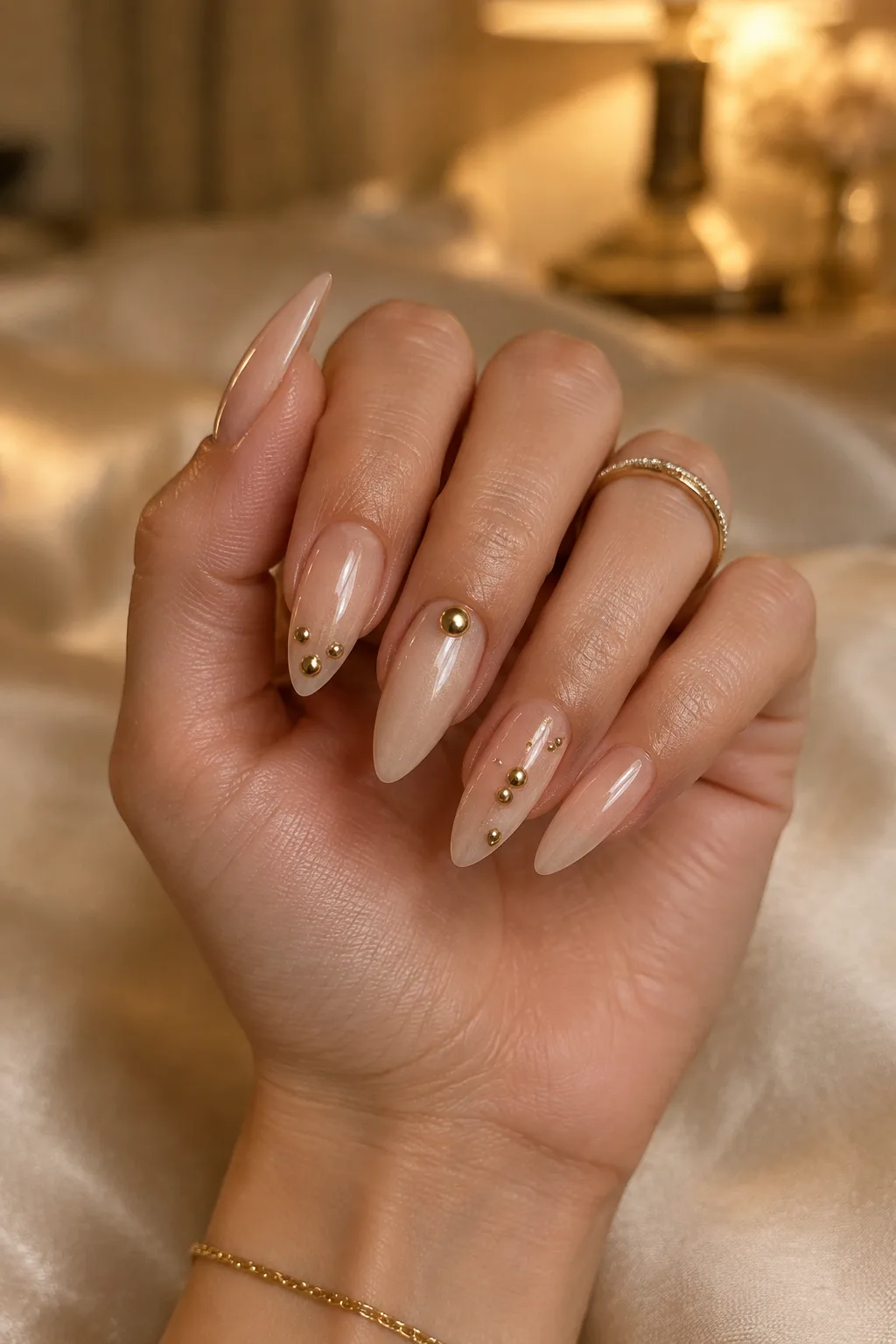 Liquid gold droplet nails to wear with a gold party dress