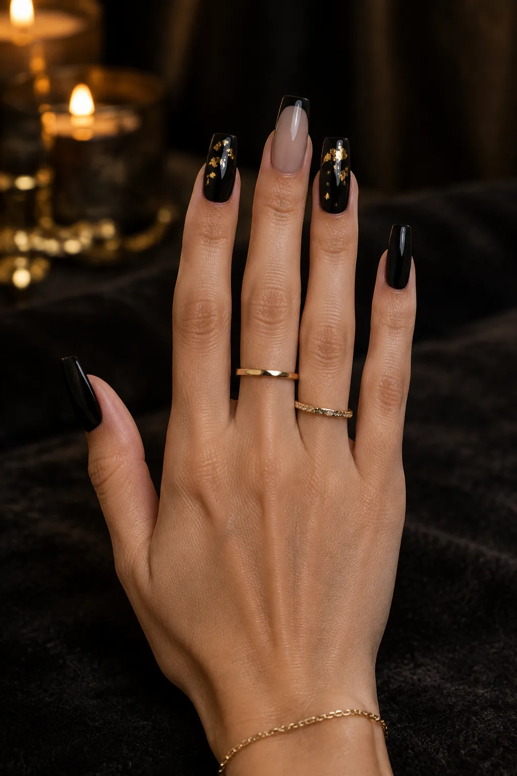 Glossy black coffin nails with gold foil to wear with a gold party dress