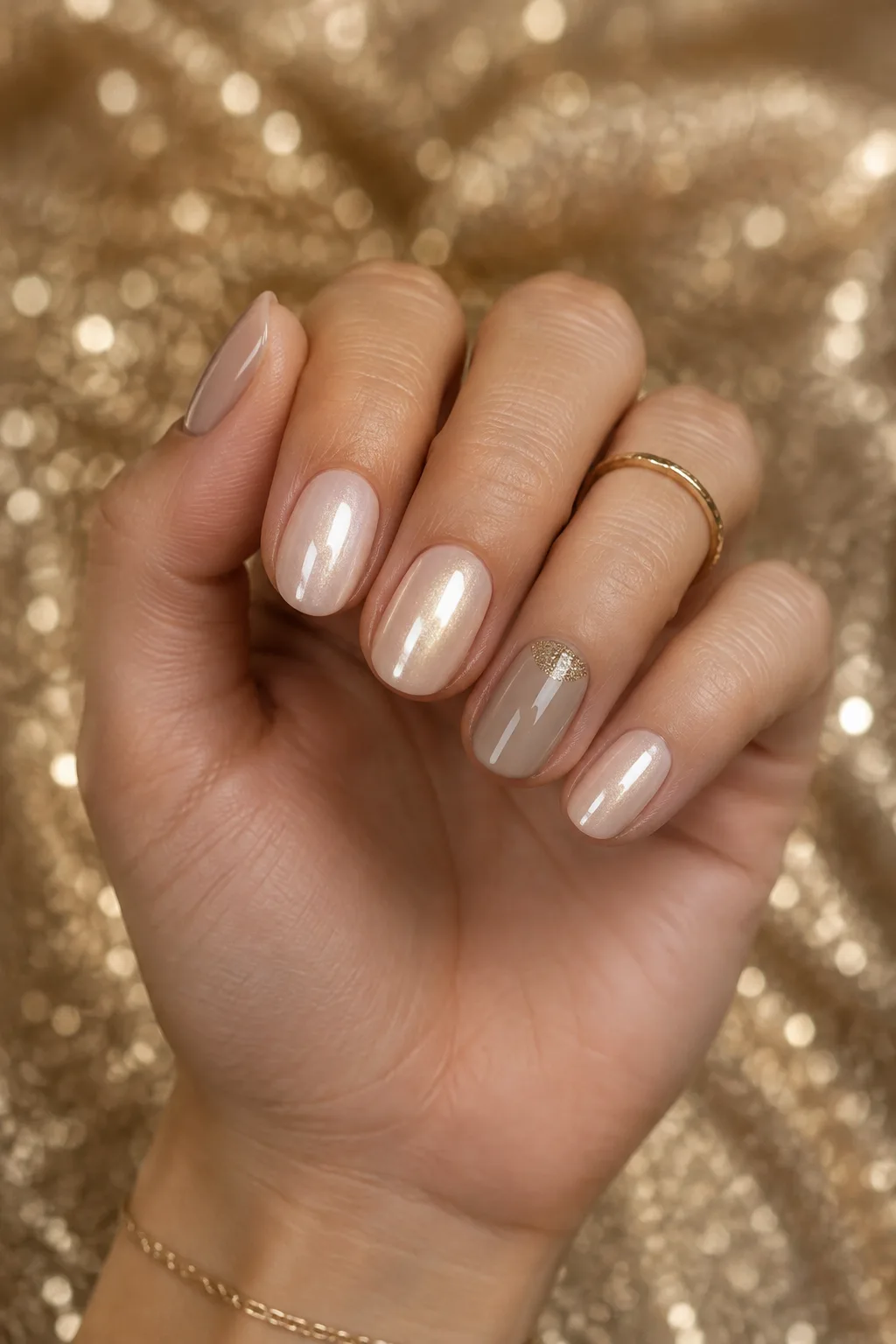 Short round champagne glazed nails to wear with a gold party dress