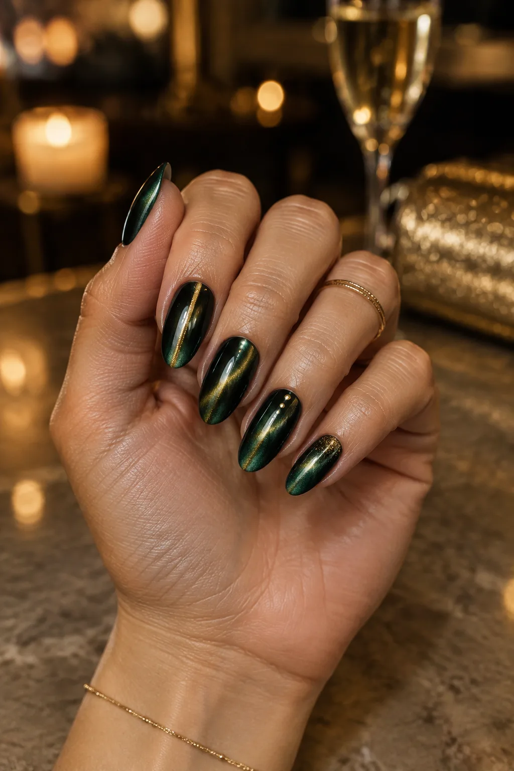 Emerald cat-eye nails to wear with a gold party dress, velvety green shimmer