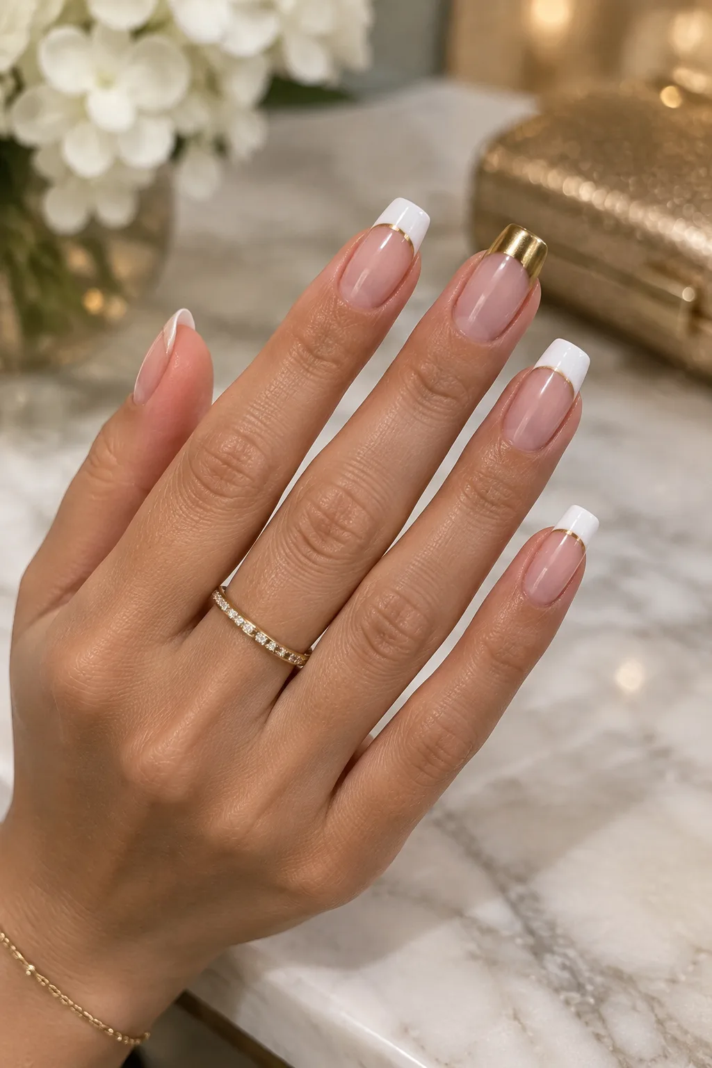 White French tip nails with gold line to wear with a gold party dress