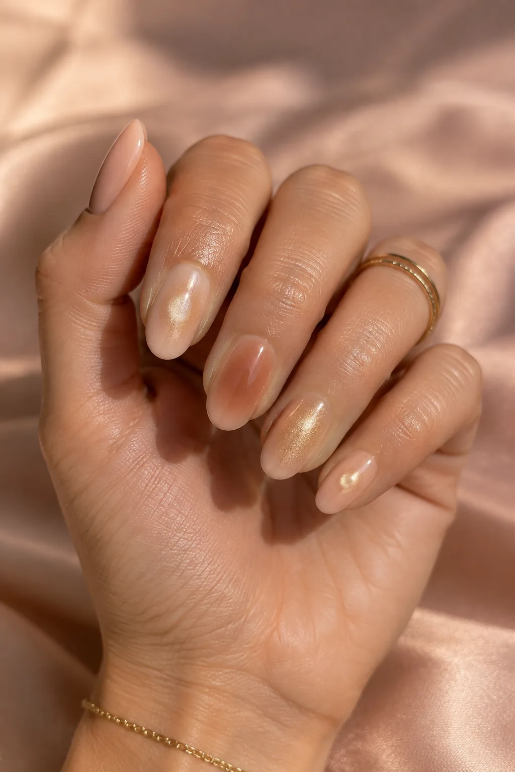 Nude aura nails with gold glow to wear with a gold party dress