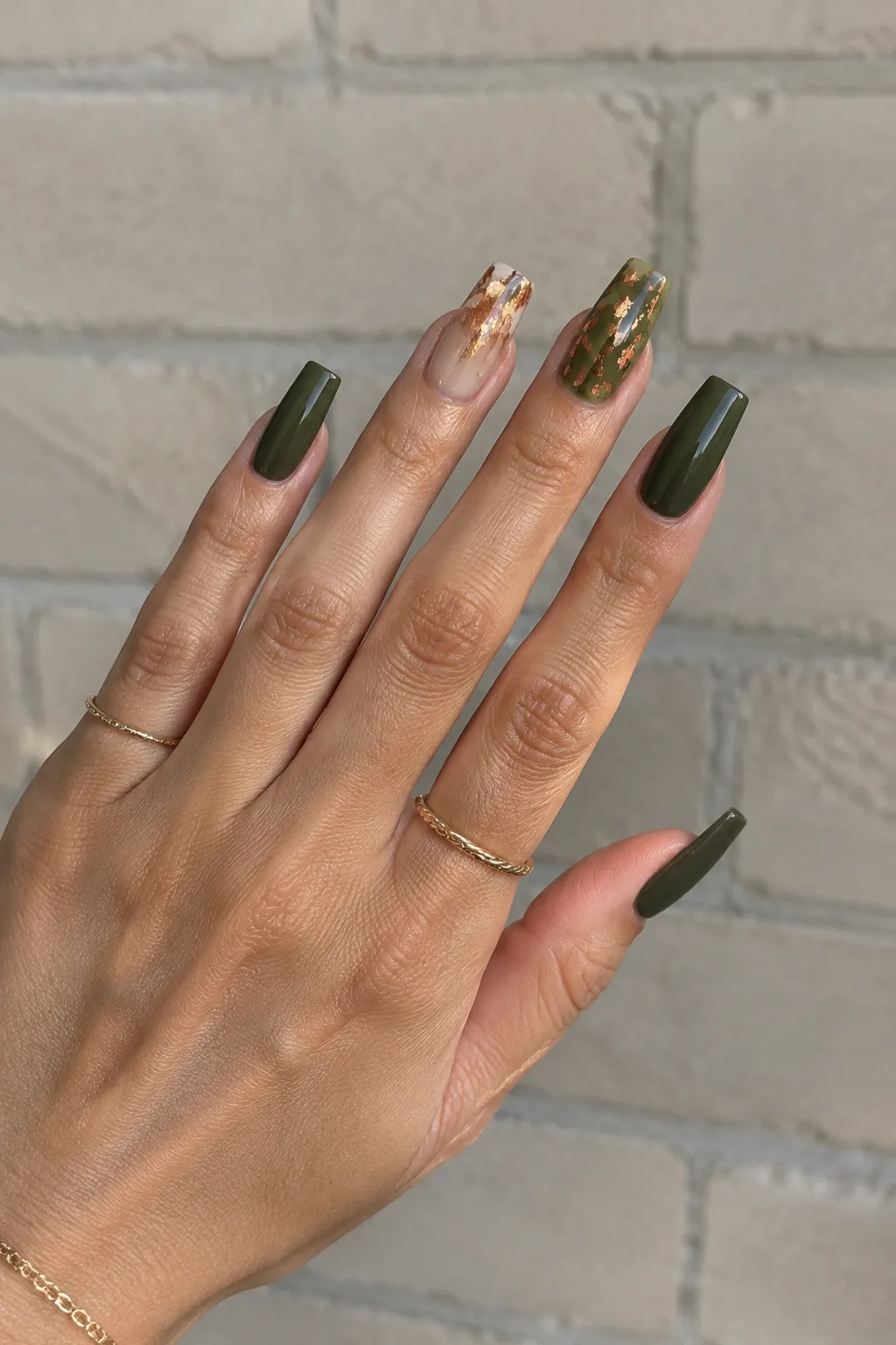 Olive green and copper foil flare nails, nails to wear with a red dress