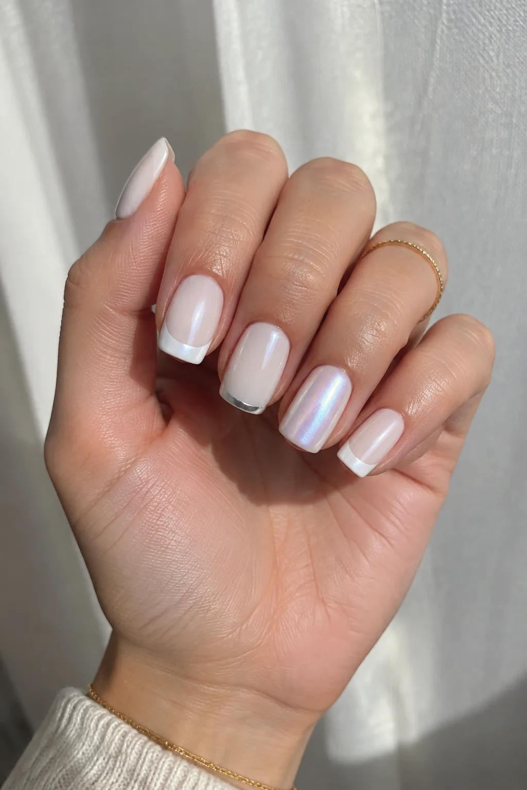 Milky white short square nails with pearl chrome tips, nails to wear with a red dress