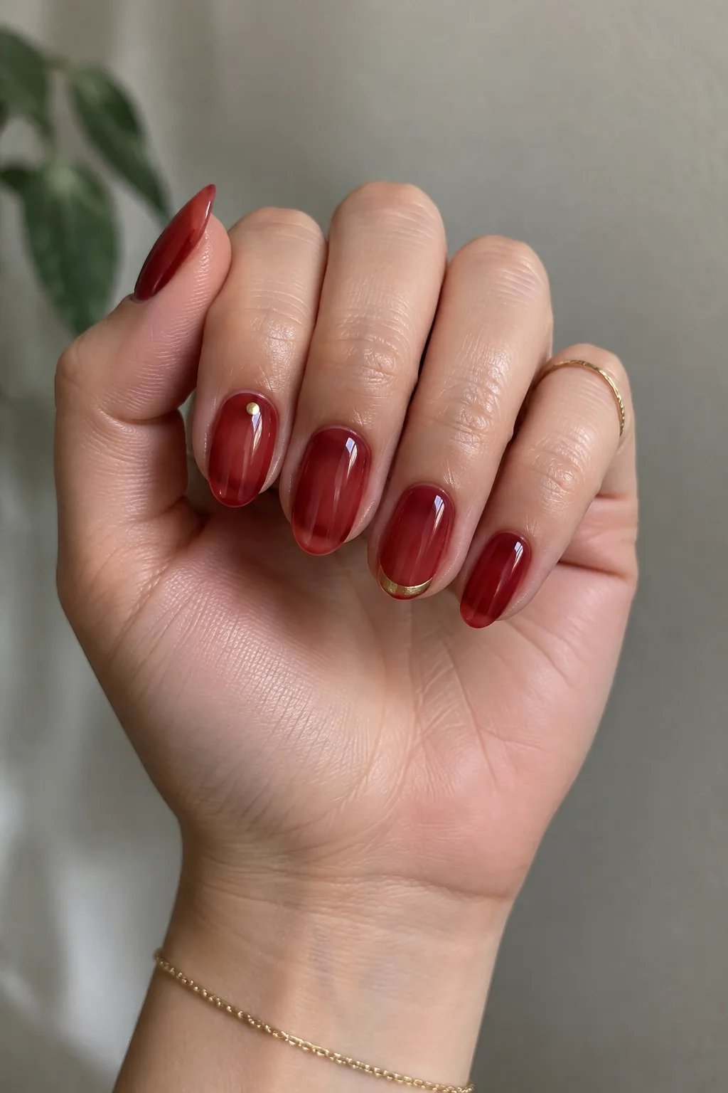 Sheer cherry jelly oval nails with a gold line, nails to wear with a red dress