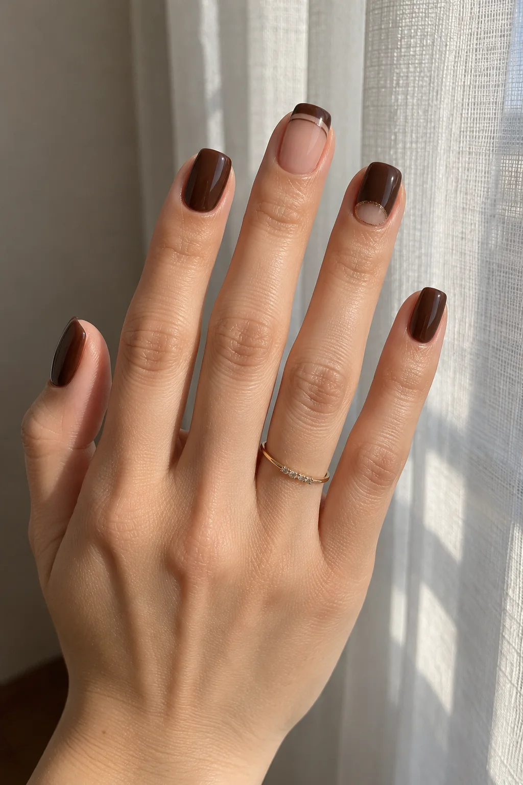 Chocolate brown squoval nails with negative space gaps, nails to wear with a red dress