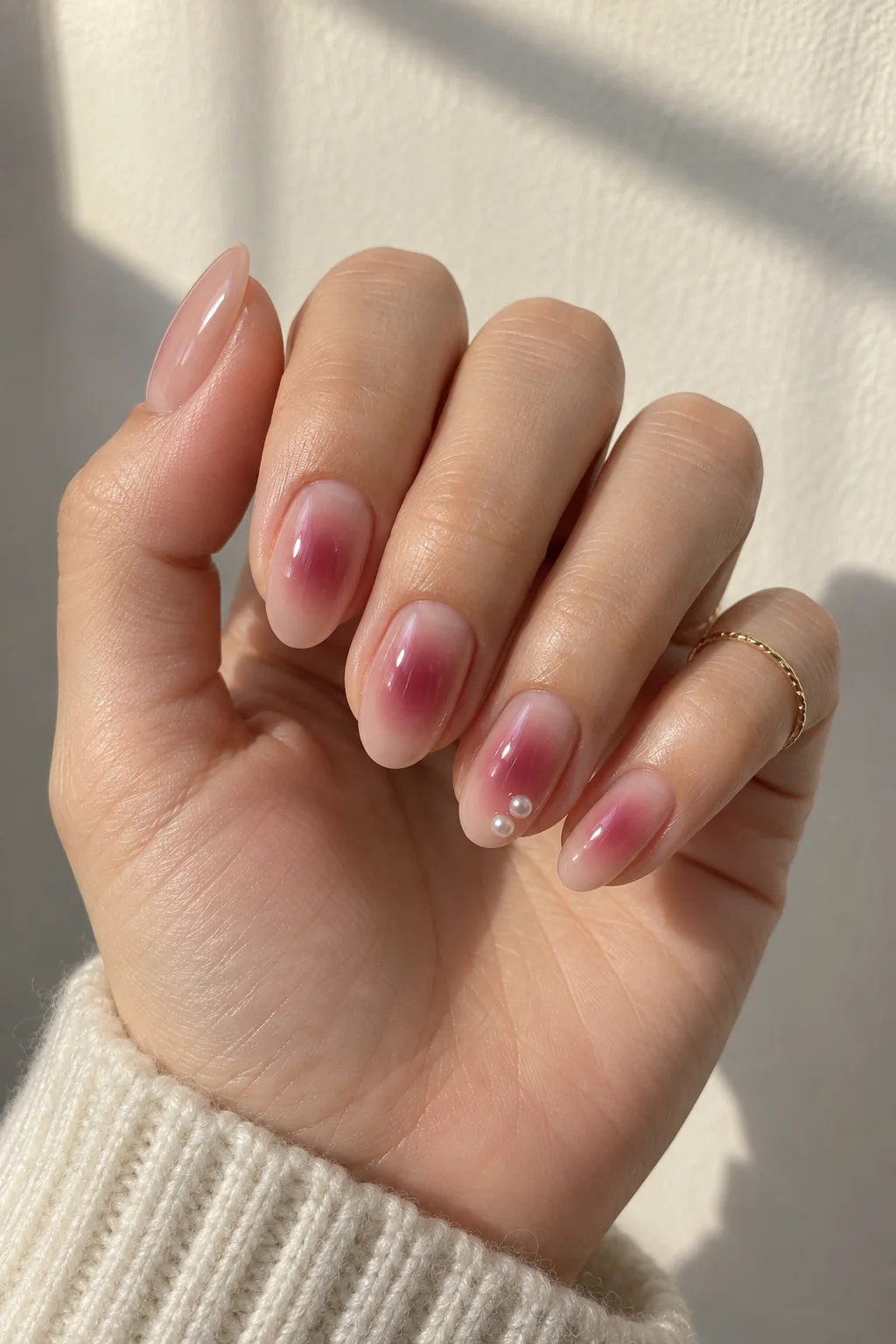 Berry aura nails with pearl dots to wear with a red dress