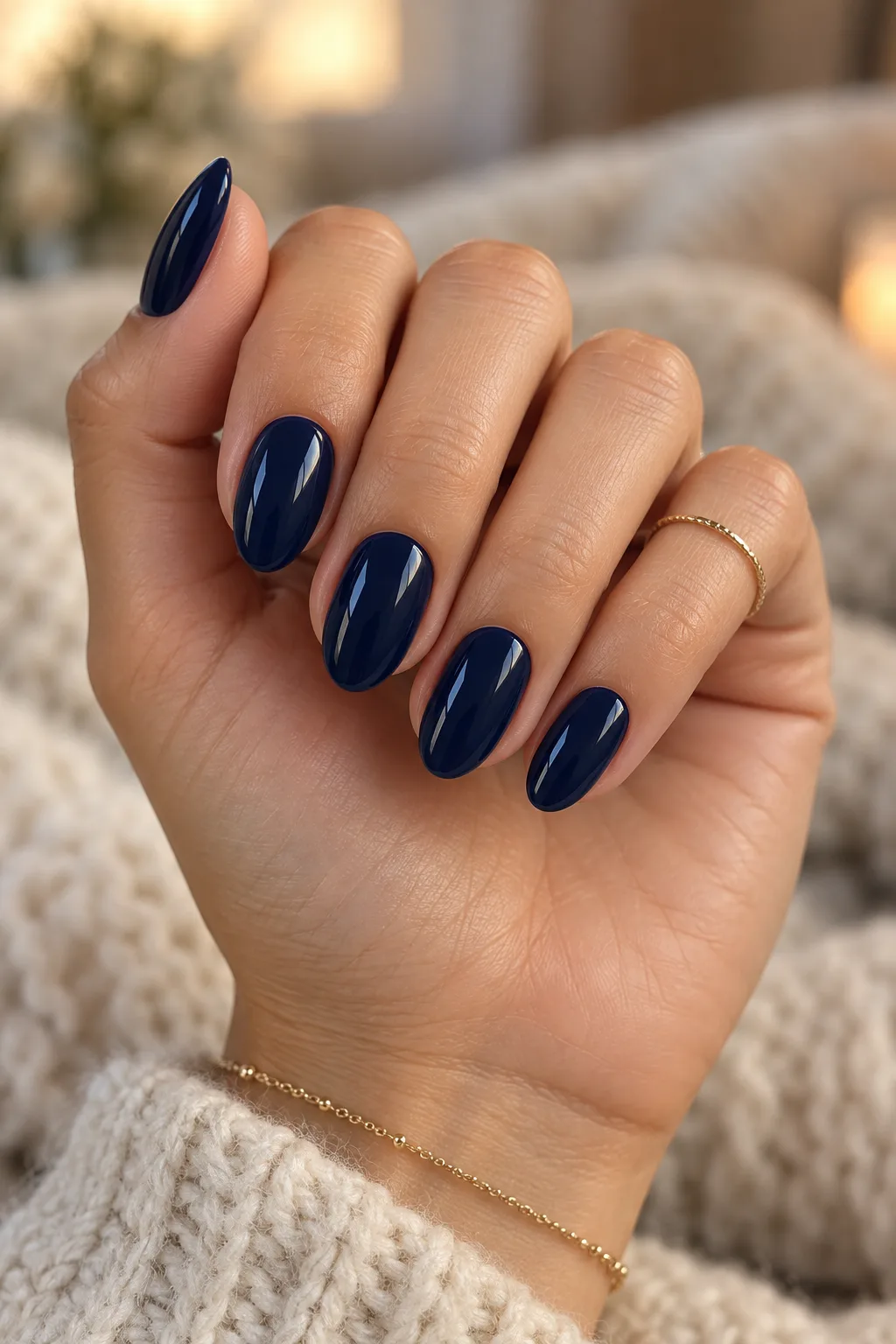 Short almond nails in glossy midnight navy, one of the navy blue nail designs for winter