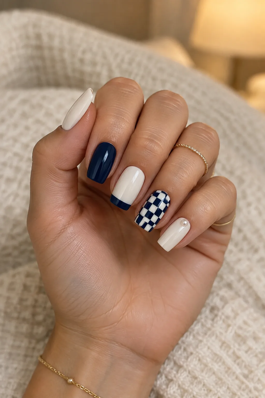 Navy and cream checkerboard accent nails on short coffin for winter