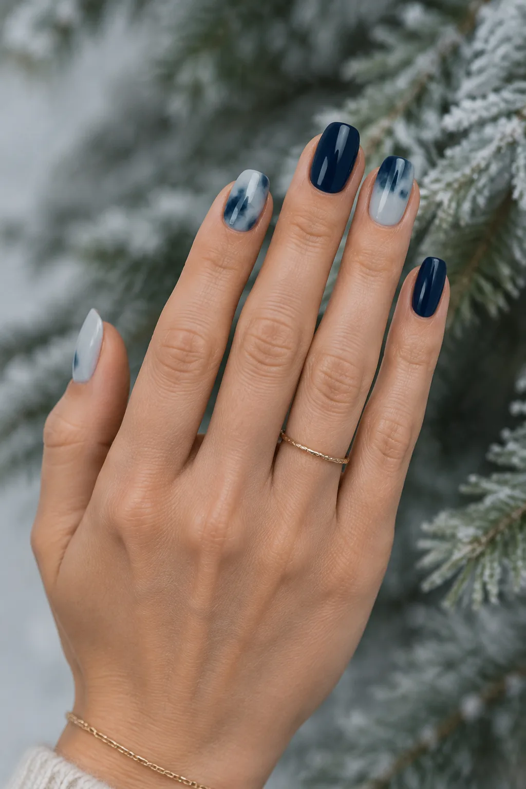 Navy and slate tortoiseshell nails with pearl glaze for winter