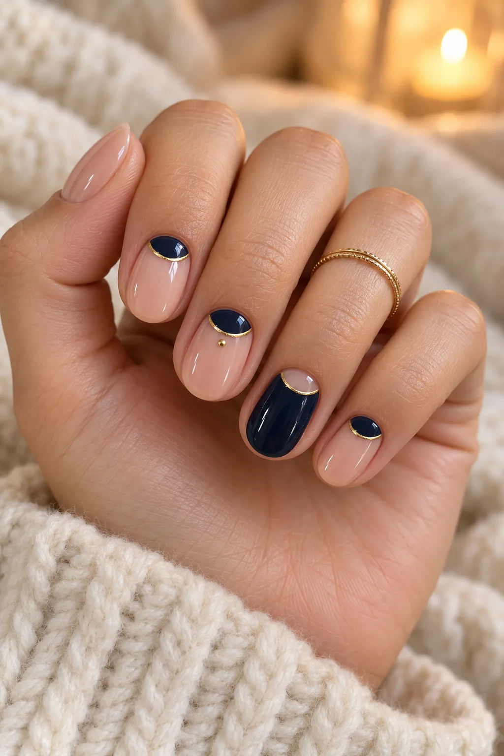 Navy blue nail designs for winter: half-moon reverse French with gold line on short oval nails